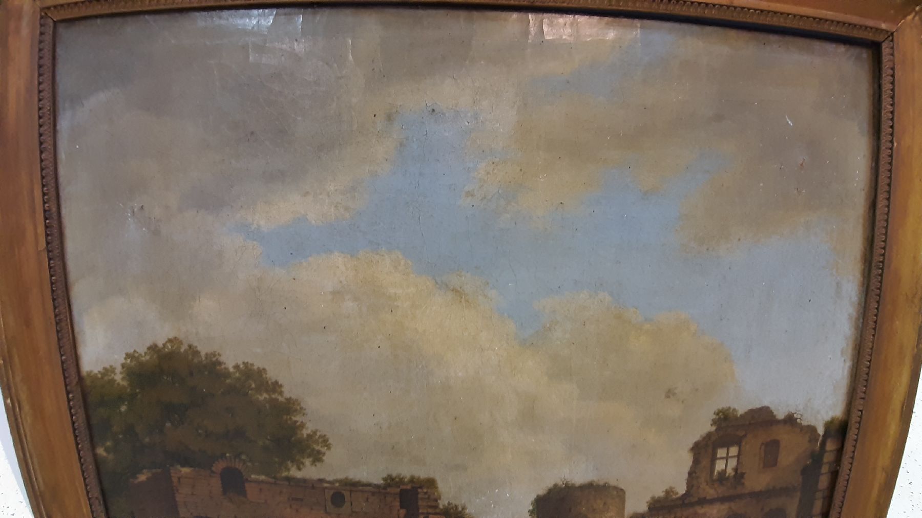 Detail e: Unbekannter Künstler da unleserlich signiert, datiert 1809, kleines Fachwerkhaus inmitten von Ruinen, Öl/Lwd, stark beschädigt mit zwei ...