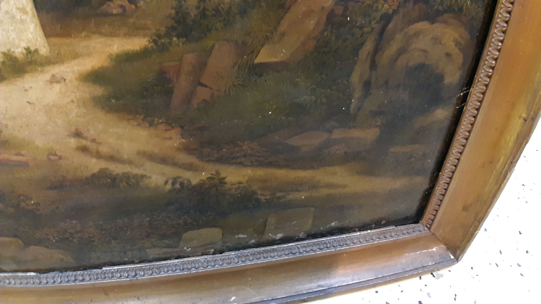 Detail g: Unbekannter Künstler da unleserlich signiert, datiert 1809, kleines Fachwerkhaus inmitten von Ruinen, Öl/Lwd, stark beschädigt mit zwei ...
