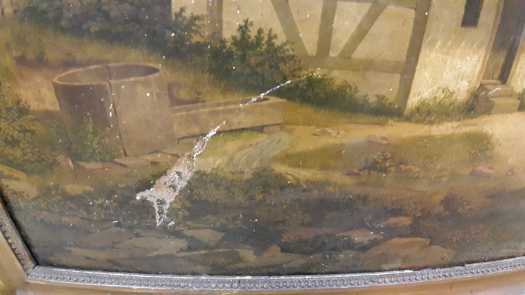 Detail h: Unbekannter Künstler da unleserlich signiert, datiert 1809, kleines Fachwerkhaus inmitten von Ruinen, Öl/Lwd, stark beschädigt mit zwei ...
