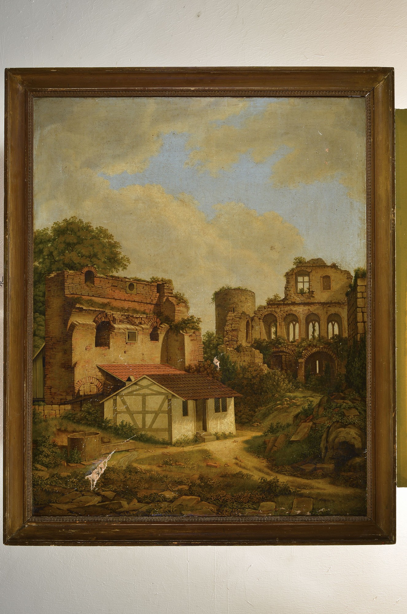 Detail k: Unbekannter Künstler da unleserlich signiert, datiert 1809, kleines Fachwerkhaus inmitten von Ruinen, Öl/Lwd, stark beschädigt mit zwei ...