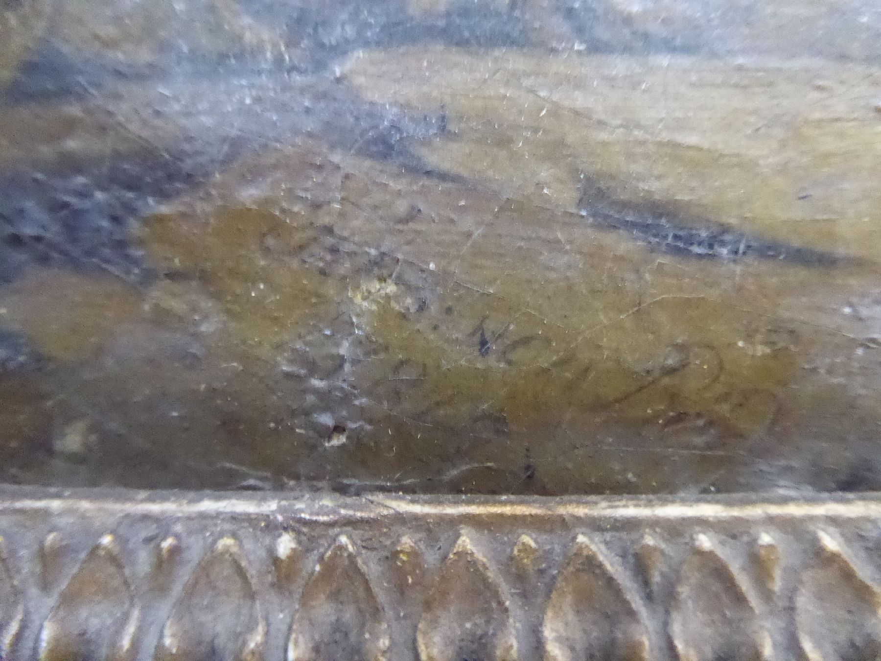 Detail l: Unbekannter Künstler da unleserlich signiert, datiert 1809, kleines Fachwerkhaus inmitten von Ruinen, Öl/Lwd, stark beschädigt mit zwei ...