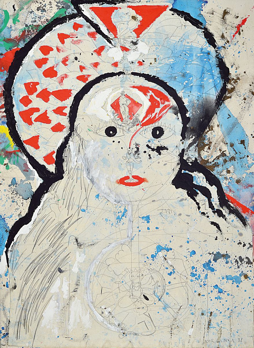Dieter Korbanka, 1936-2010, Asia Girl, Acryl und Bleistift auf Leinwand, mit zweiter Leinwand collagiert, signiert und dat 88, ca.83x61cm