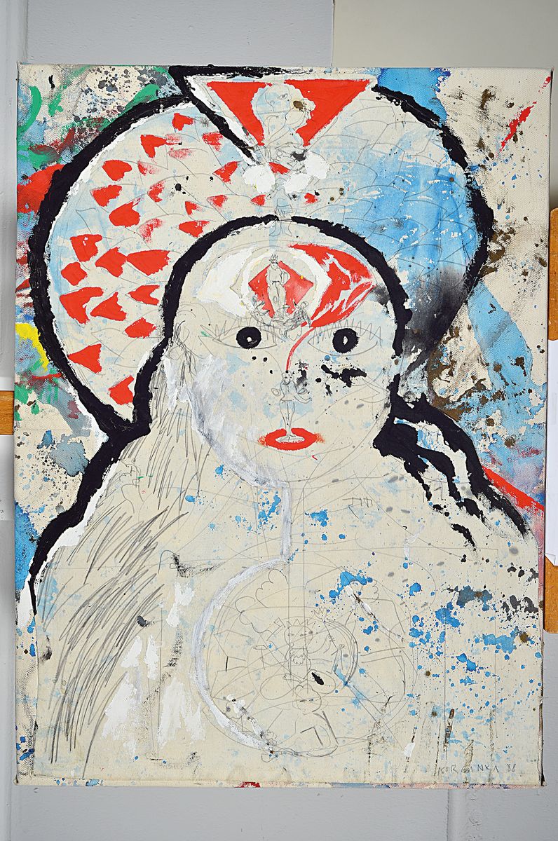 Detail k: Dieter Korbanka, 1936-2010, Asia Girl, Acryl und Bleistift auf Leinwand, mit zweiter Leinwand collagiert, signiert und dat 88, ca.83x61cm