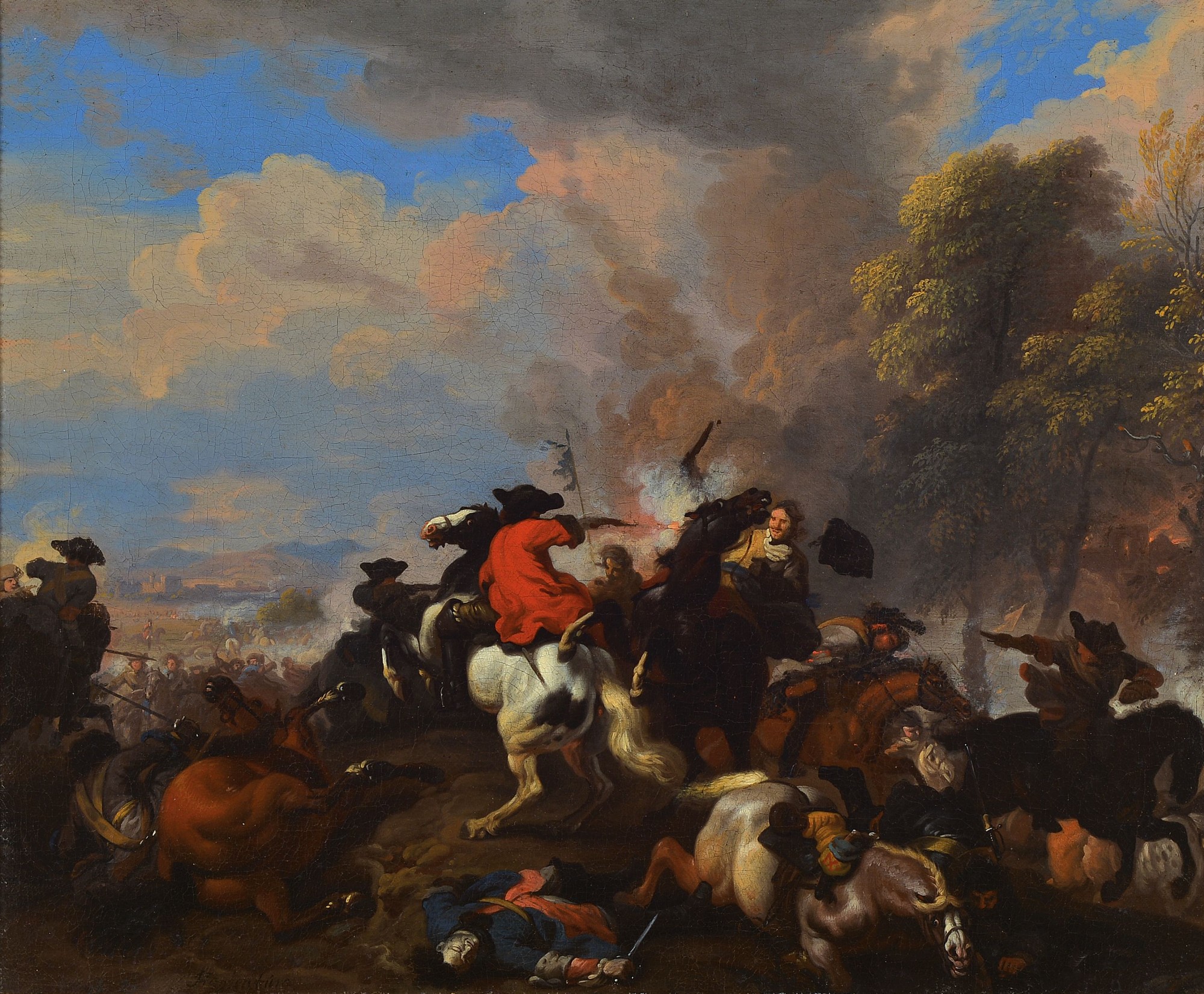 Jan van Huchtenburgh, 1647 Haarlem - 1733 Amsterdam, niederländischer Schlachtenmaler, hier: vielfigurige Schlachtenszene, Reiter zu Pferd, beim ...