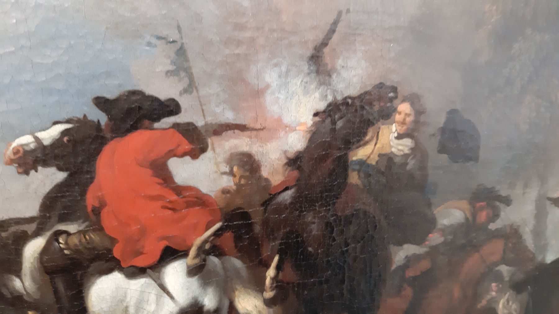 Detail g: Jan van Huchtenburgh, 1647 Haarlem - 1733 Amsterdam, niederländischer Schlachtenmaler, hier: vielfigurige Schlachtenszene, Reiter zu Pferd, beim ...