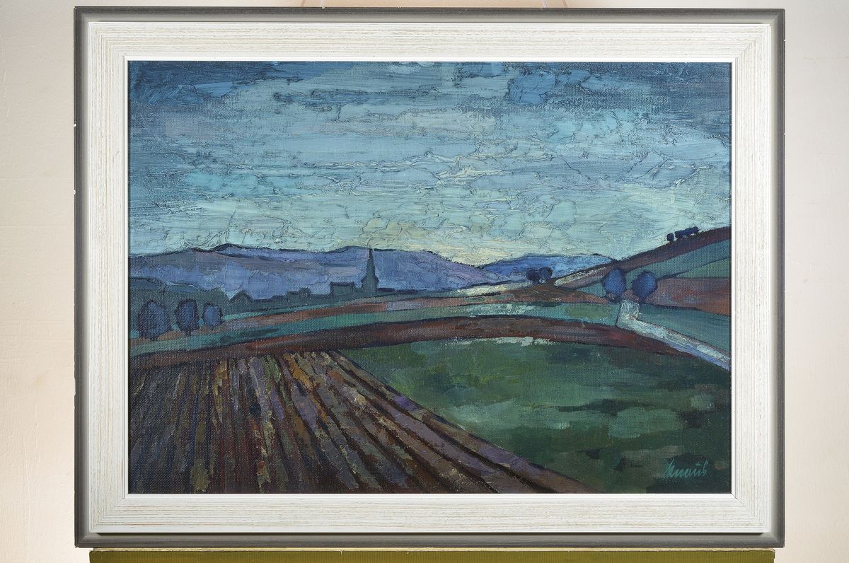 Detail k: Eugen Knaus, 1900 Mannheim-1976 Lampertheim, Landschaft mit Feldern und Dorf, Öl/Hartfaser, rechts unten signiert, ca. 50x70cm, R. ca. 62x82cm