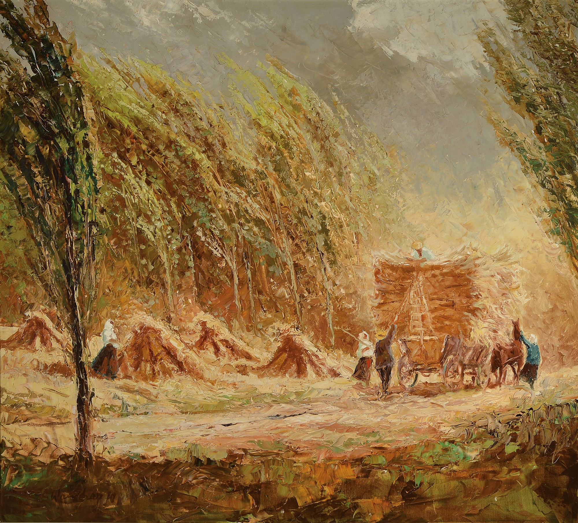 Helmut Wanschap, 1911 Berlin-1987 Kusel, Ernteszene, Öl/Lwd, links unten signiert und dat. 70, ca. 90x100cm, R. ca. 101x111cm