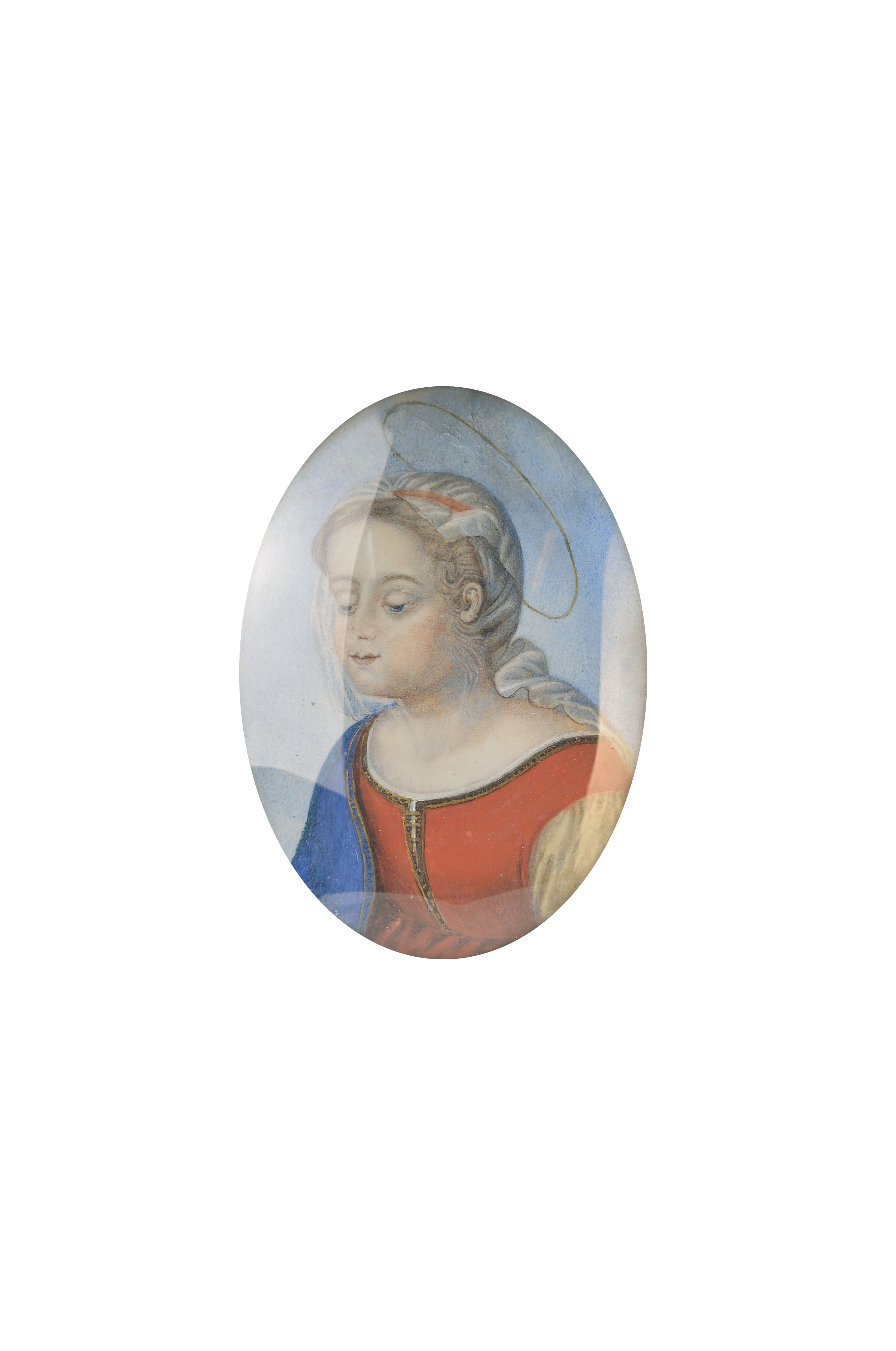 Miniaturmalerei, süddeutsch, um 1900, Porträt einer jungen Heiligen, Gouache auf Elfenbein, im Oval ca. 13x10cm, u.Gl., R. ca. 23x17.5cm, Versand ...