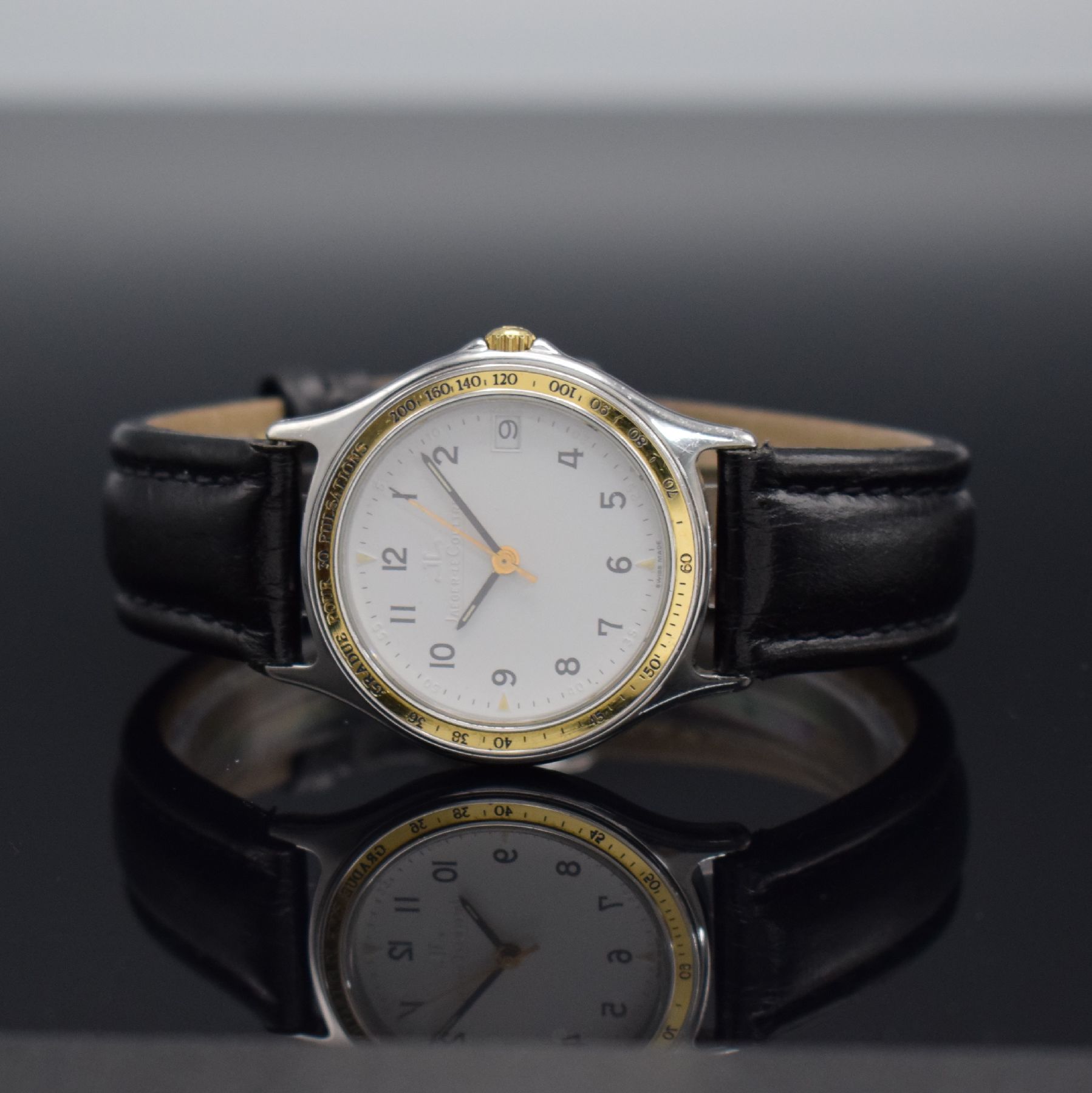 Jaeger-LeCoultre Armbanduhr in Stahl/Gold, Schweiz um 1985, 4-fach verschr. Geh. Ref. 113.5.06, eingel. Goldlünette m. Pulsations- skala, quarz, ...