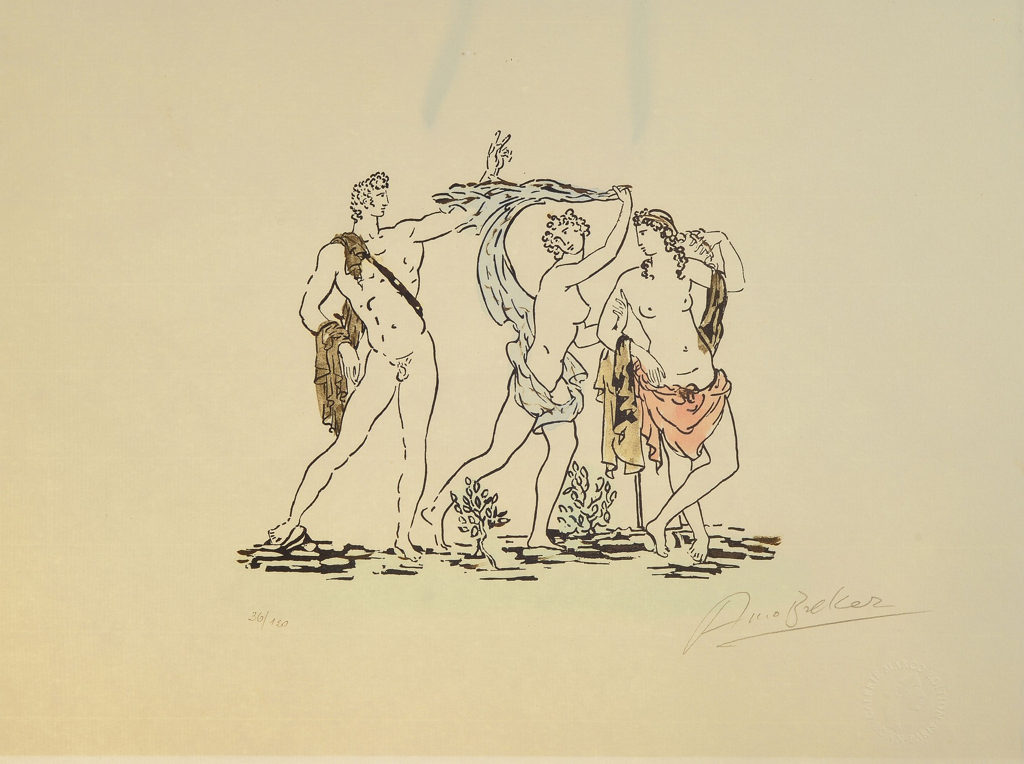 Arno Breker, 1900 Elberfeld-1991 Düsseldorf, drei Lithographien mit antiken Motiven wie das Urteil des Paris, koloriert, alle handsigniert und num. ...