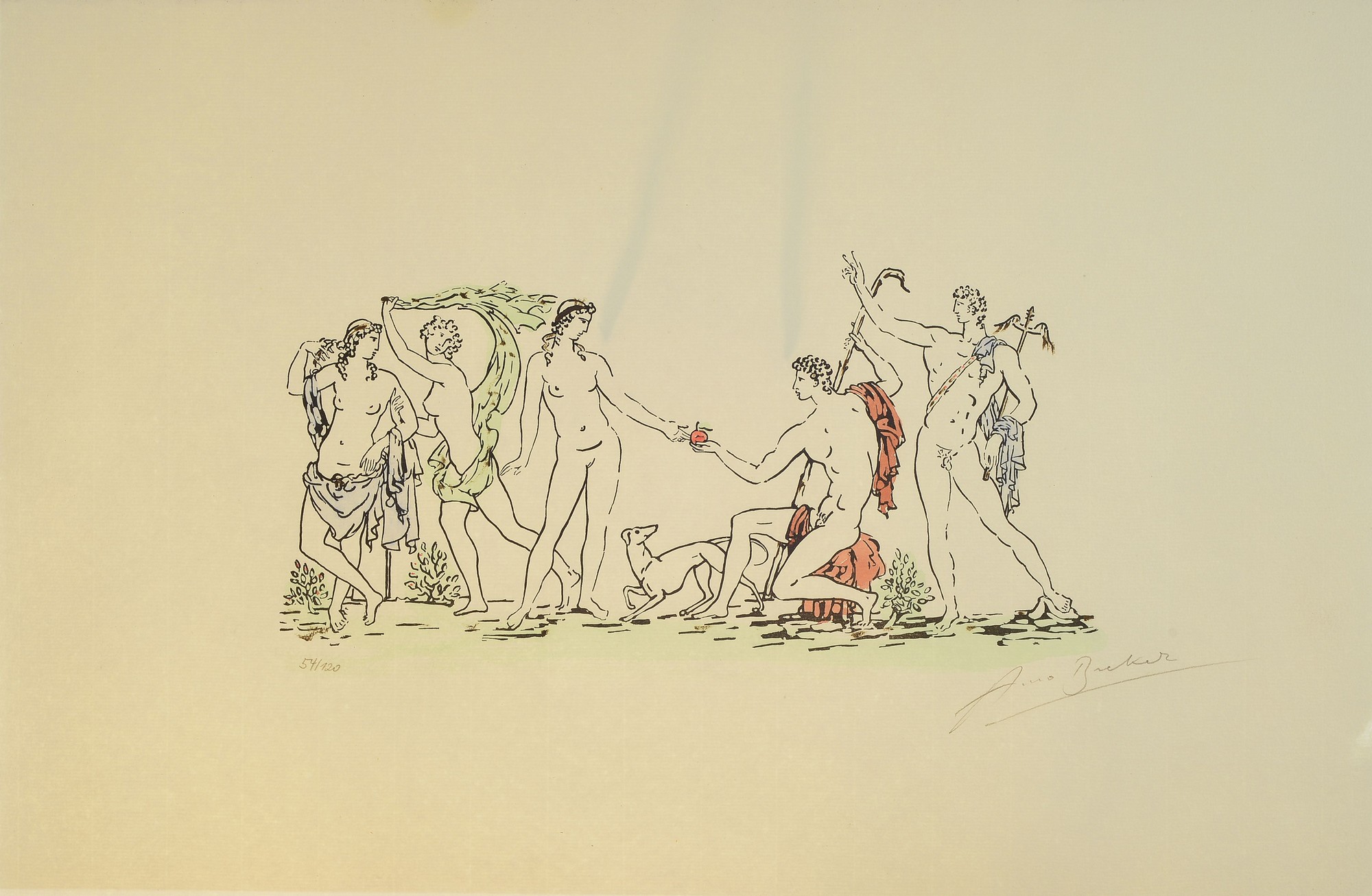 Detail a: Arno Breker, 1900 Elberfeld-1991 Düsseldorf, drei Lithographien mit antiken Motiven wie das Urteil des Paris, koloriert, alle handsigniert und num. ...