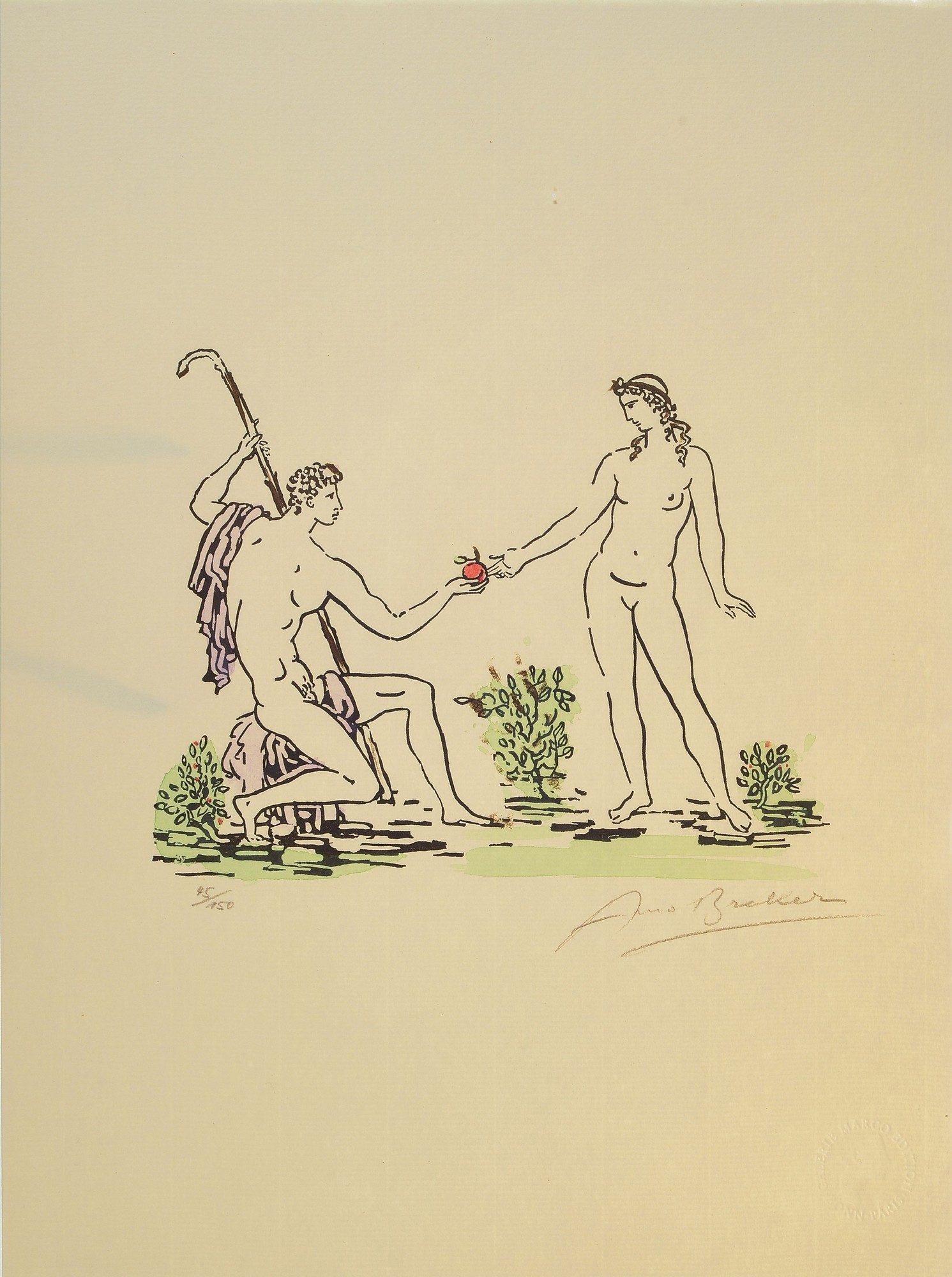 Detail b: Arno Breker, 1900 Elberfeld-1991 Düsseldorf, drei Lithographien mit antiken Motiven wie das Urteil des Paris, koloriert, alle handsigniert und num. ...