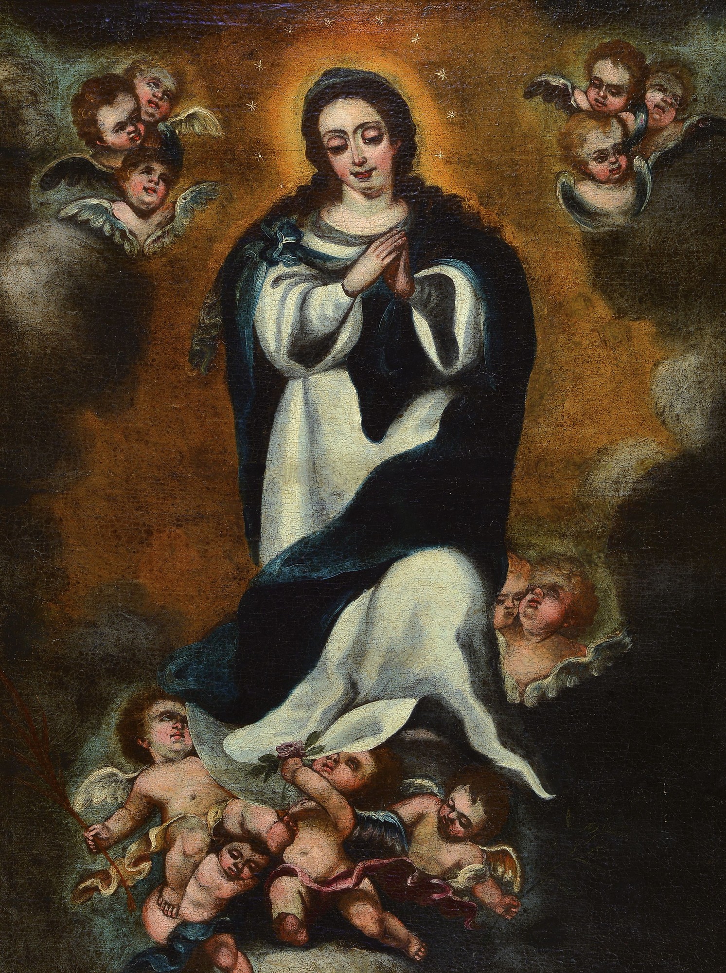 Unbekannter Künstler, um 1680-1720, Maria Immaculata, Maria umgeben von Putten, oben in Dreiergruppen, Öl/Lwd, rest., doubliert, wurde 2013 für ...