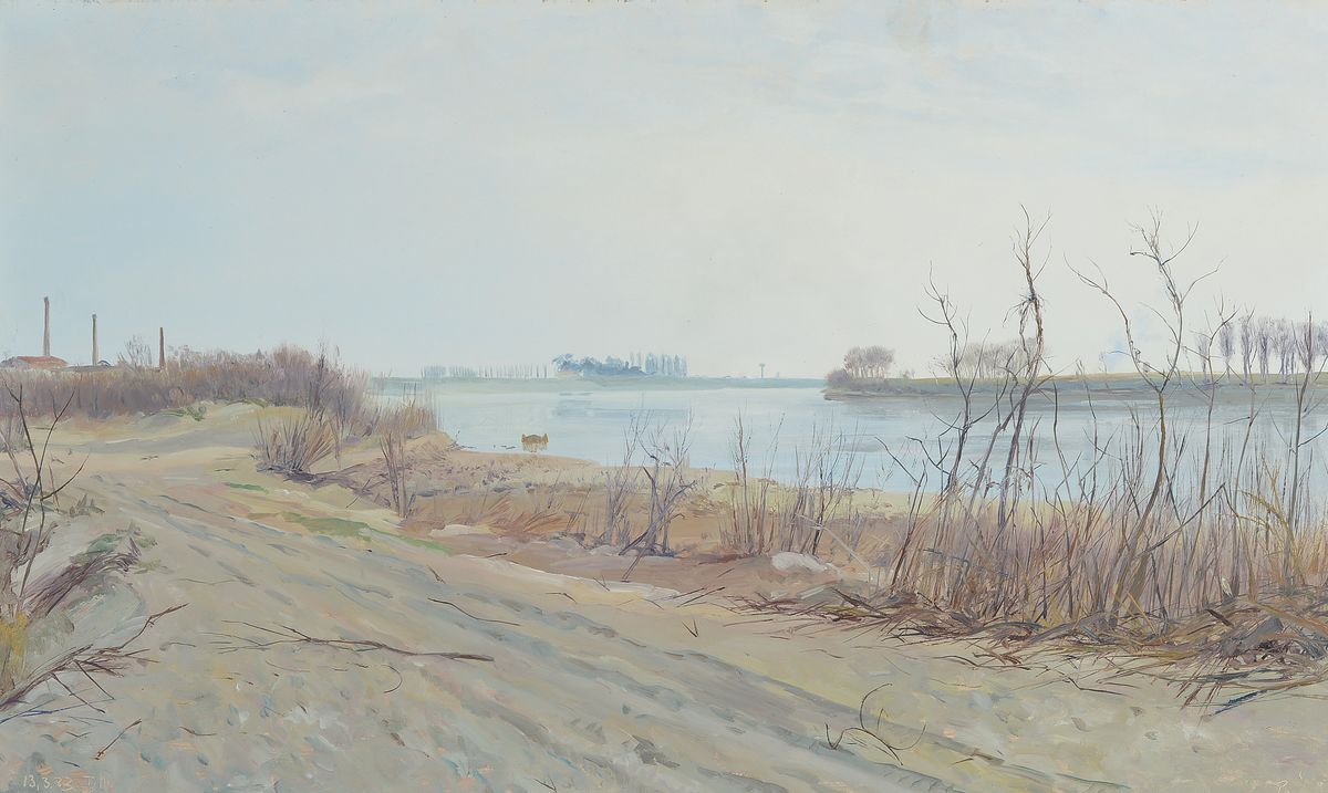 Hans Dieter Tille, 1954 Bayreuth, ansässig in Kassel, Studium an der Kunsthochschule Kassel, winterliche Landschaft in der Poebene, Öl/Malkarton, ...