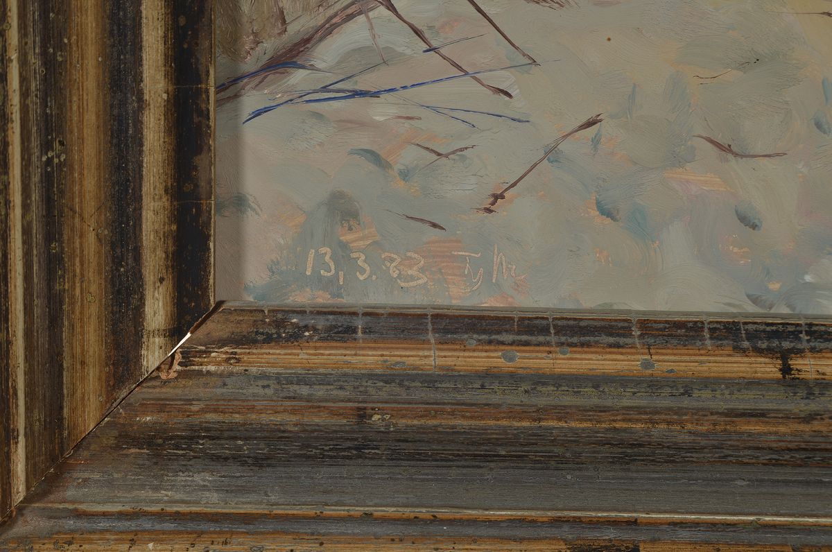 Detail a: Hans Dieter Tille, 1954 Bayreuth, ansässig in Kassel, Studium an der Kunsthochschule Kassel, winterliche Landschaft in der Poebene, Öl/Malkarton, ...