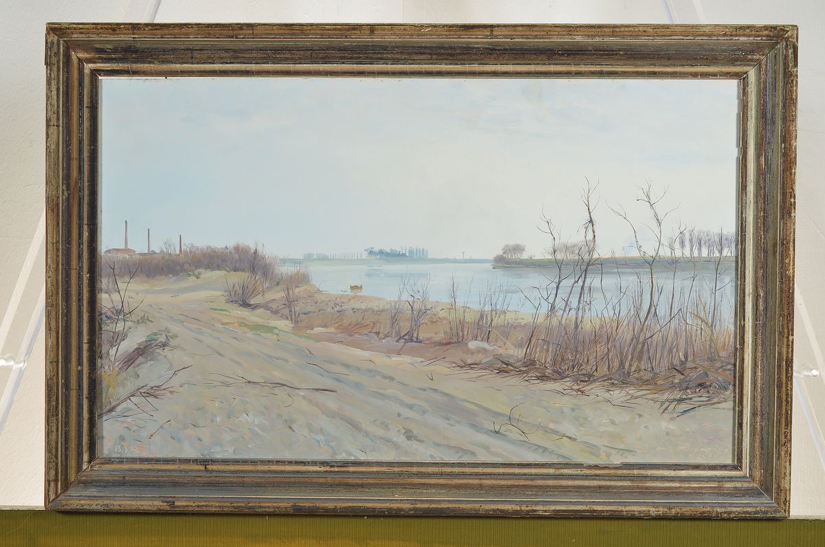 Detail k: Hans Dieter Tille, 1954 Bayreuth, ansässig in Kassel, Studium an der Kunsthochschule Kassel, winterliche Landschaft in der Poebene, Öl/Malkarton, ...