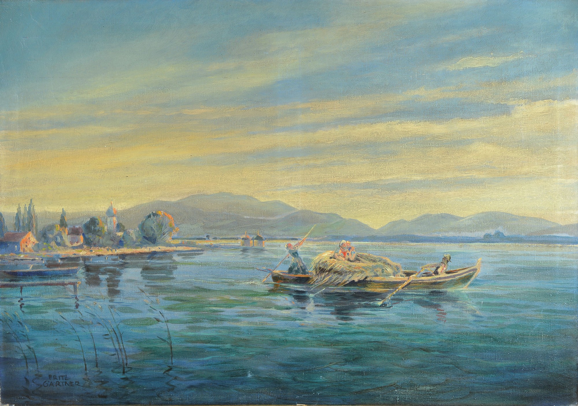 Fritz Gärtner, 1882 Aussig-1958 München, Überfahrt, rückseitig so betitelt bez.: Nr. 1972, Öl/Lwd, links unten signiert, ca. 70x100cm