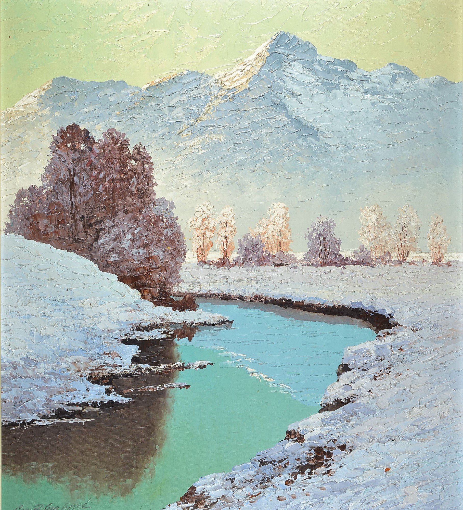 Prof. Arnold Graboné, 1896 - 1982, Wintertag im Inntal, Öl/Lwd, signiert, ca. 70 x 80 cm, Rahmen: 88 x 98 cm