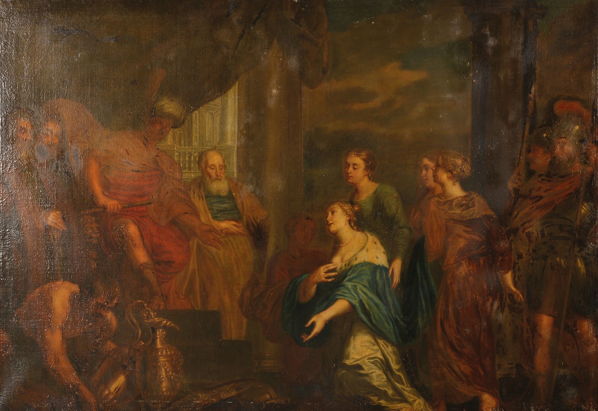 wohl französischer Künstler, um 1780-1810, Salomon empfängt die Königin von Saba, Salomonauf dem Löwenthron sitzend, baladichinhaft aufgefasst, ...