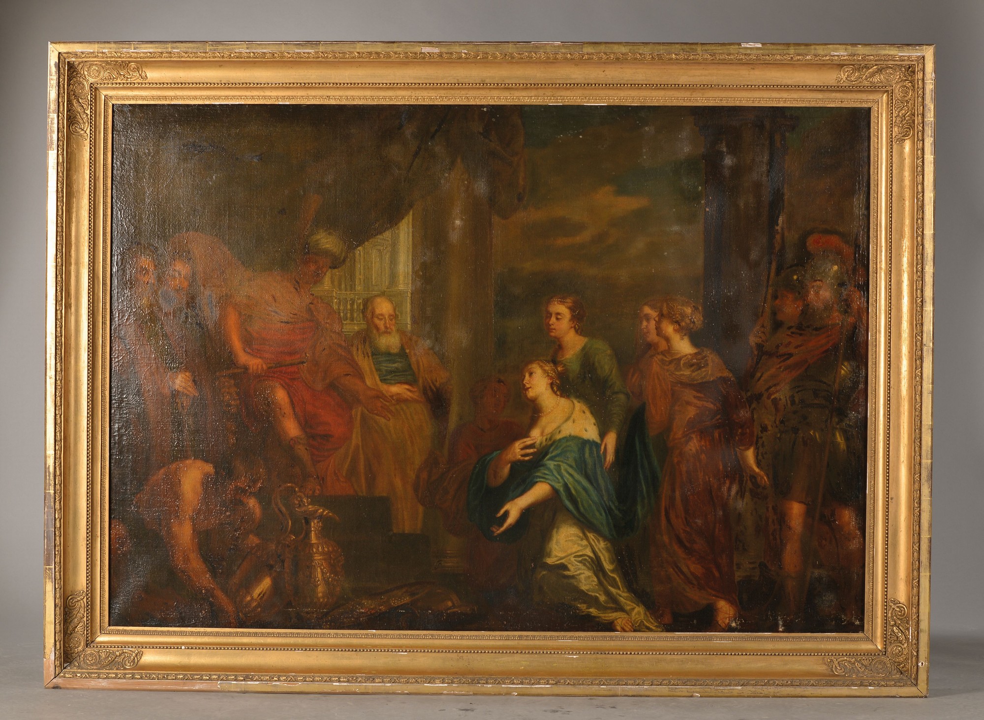Detail k: wohl französischer Künstler, um 1780-1810, Salomon empfängt die Königin von Saba, Salomonauf dem Löwenthron sitzend, baladichinhaft aufgefasst, ...