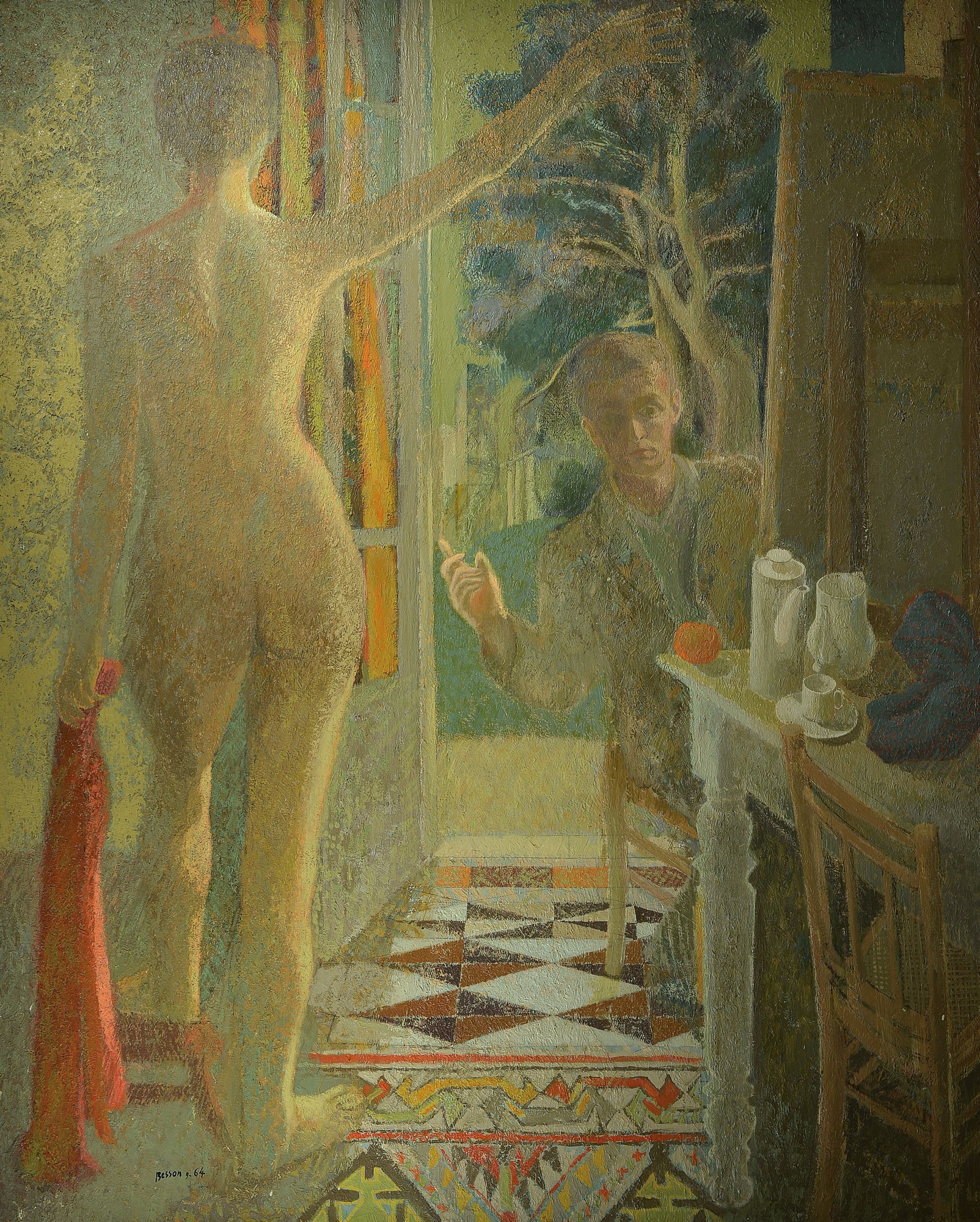 Jean Marc Besson, geb. 1939, Frauenakt im Künstleratelier, gut beobachtete Szene und interessanter Bildaufbau, der Blick des Betrachters fällt vom ...