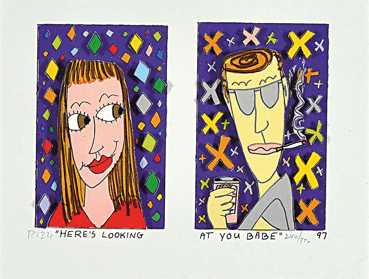 James Rizzi, 1950-2011, "Heres Looking At you Babe", num. 240/350, handsigniert, im Blatt dat. 97, leichte Altersspuren, unter Glas, ...
