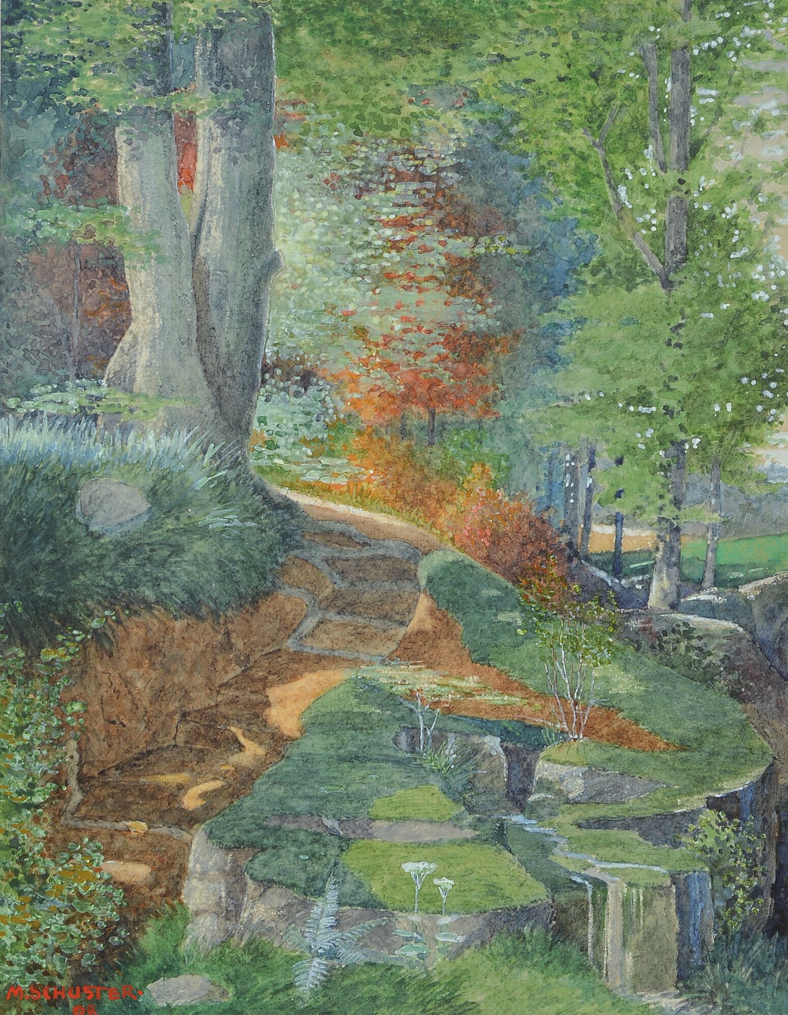 Detail b: Karl Maria Schuster, 1871 Purkersdorf - 1953 Wien, Schüler der Wiener Akademie, zwei Parklandschaften, Aquarell/Papier, li. u. in Rot signiert und ...