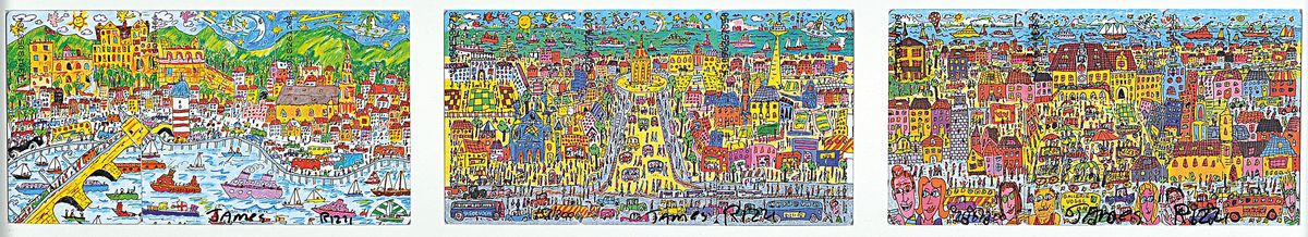 James Rizzi, 1950-2011, 3 Sets mit Telefonkarten, Heilbronn,Mannheim und Heidelberg, alle num. und handsigniert, dazu eine Armbanduhr mit Motiv ...