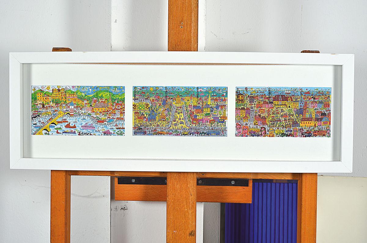 Detail k: James Rizzi, 1950-2011, 3 Sets mit Telefonkarten, Heilbronn,Mannheim und Heidelberg, alle num. und handsigniert, dazu eine Armbanduhr mit Motiv ...
