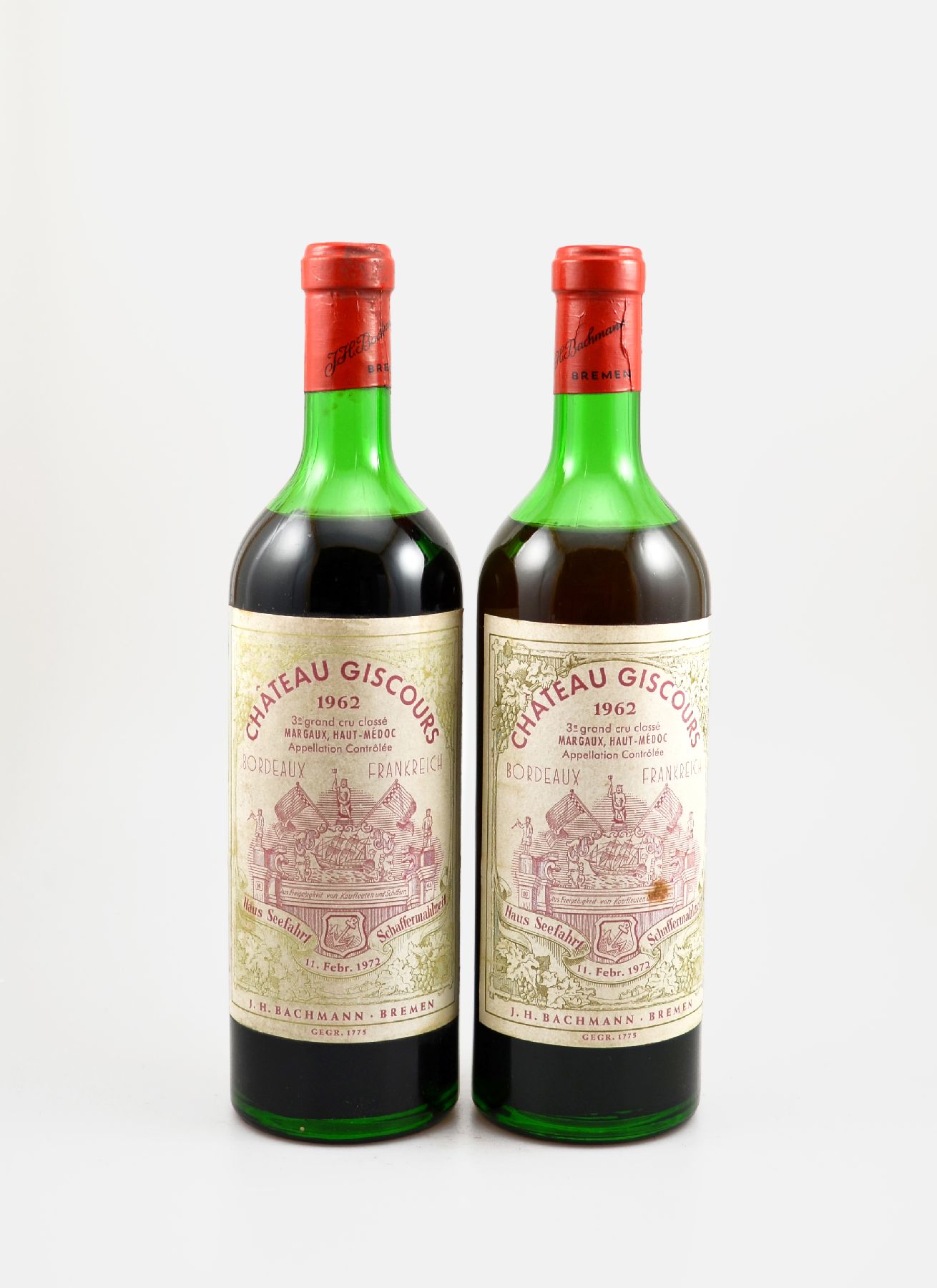 2 Flaschen 1962 Chateau Giscours, 'J.H. Bachmann - Bremen' Schaffermahlzeit 1972 , Füllstände: je ca. upper mid shoulder, Etiketten z.T. ...