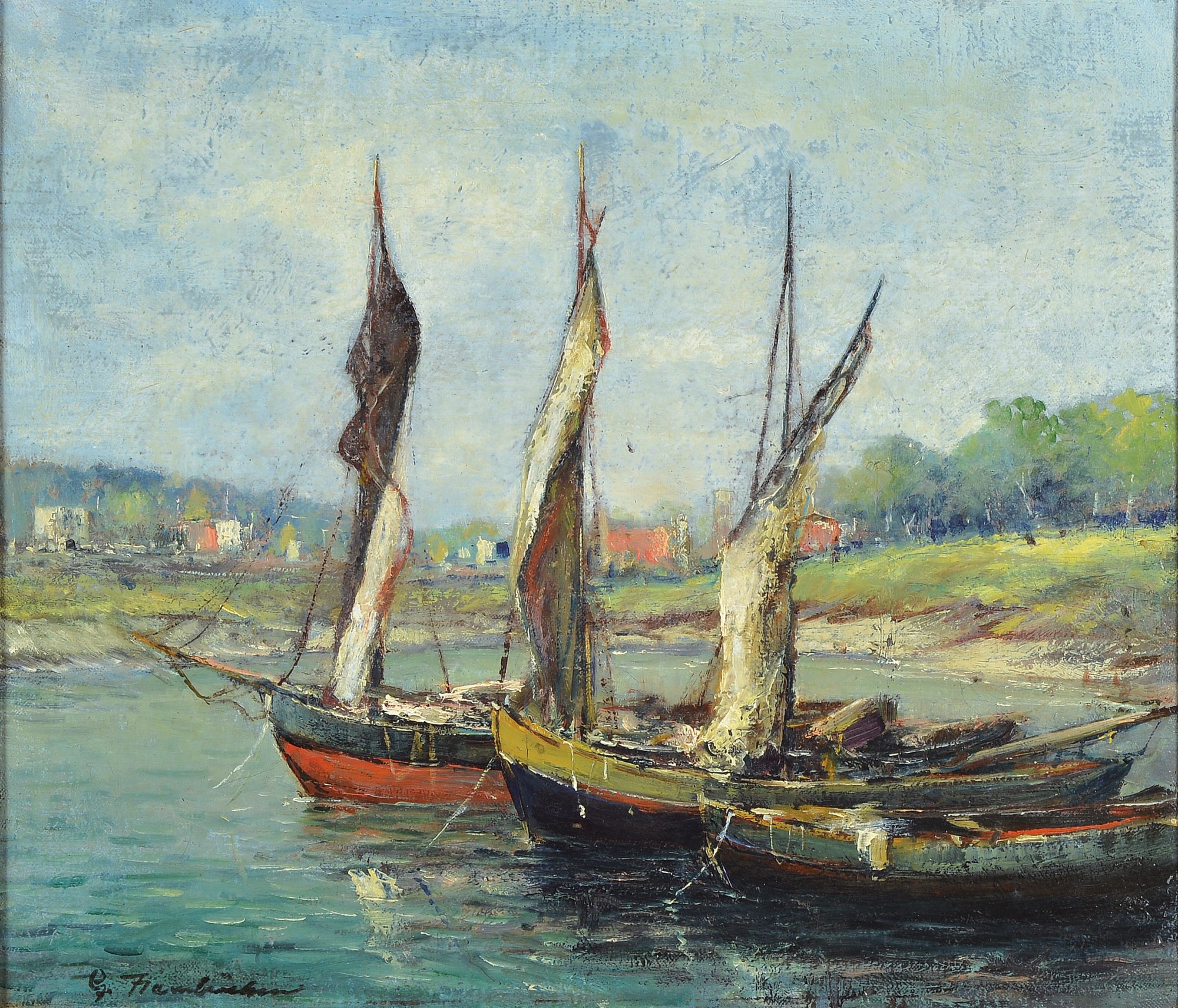 Georg Hambüchen, 1901-1971 Düsseldorf, Angelegte Fischerboote, Öl/Lwd, links unten signiert, ca. 37x43cm, R. ca. 51x58cm