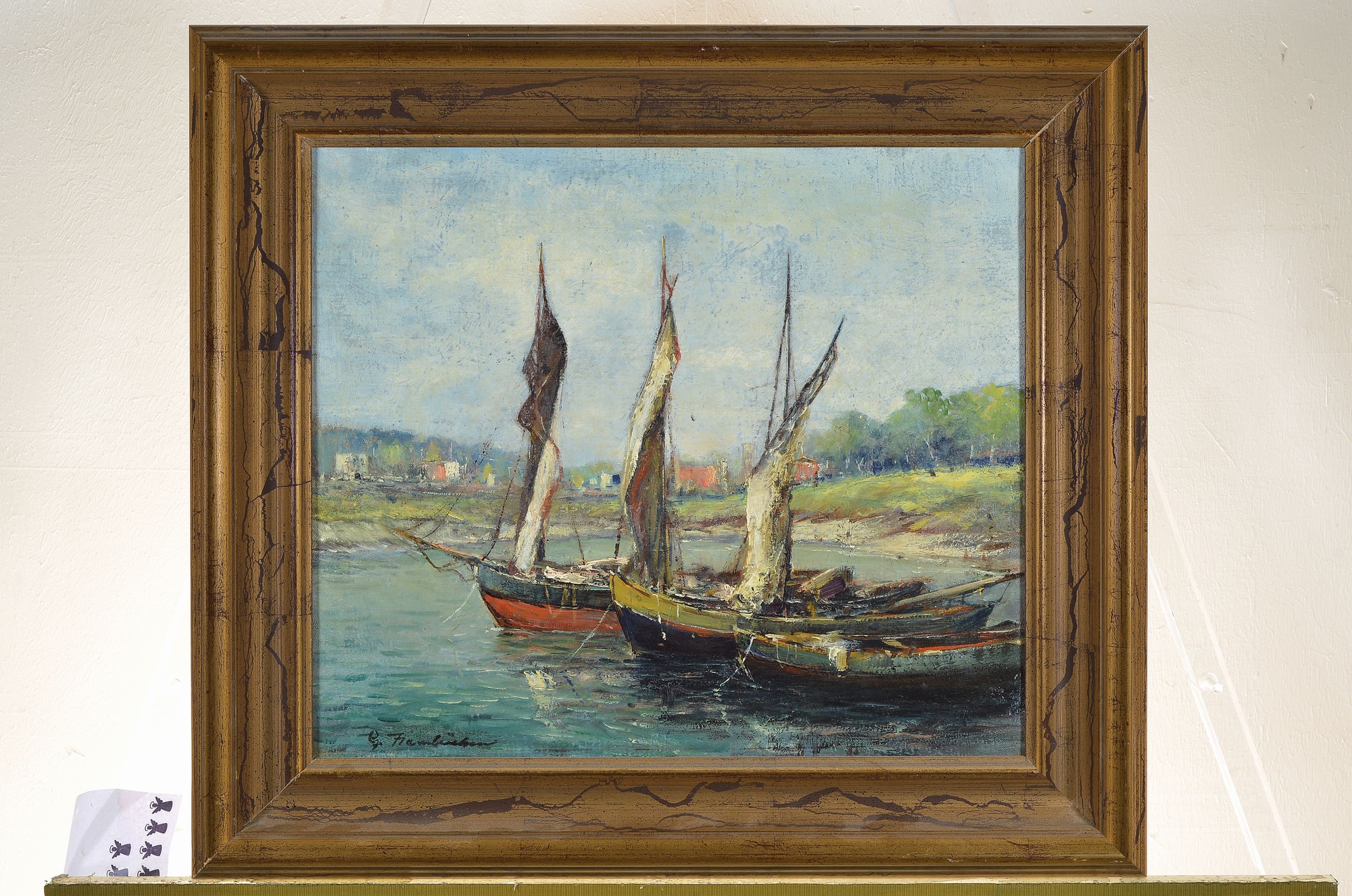 Detail k: Georg Hambüchen, 1901-1971 Düsseldorf, Angelegte Fischerboote, Öl/Lwd, links unten signiert, ca. 37x43cm, R. ca. 51x58cm