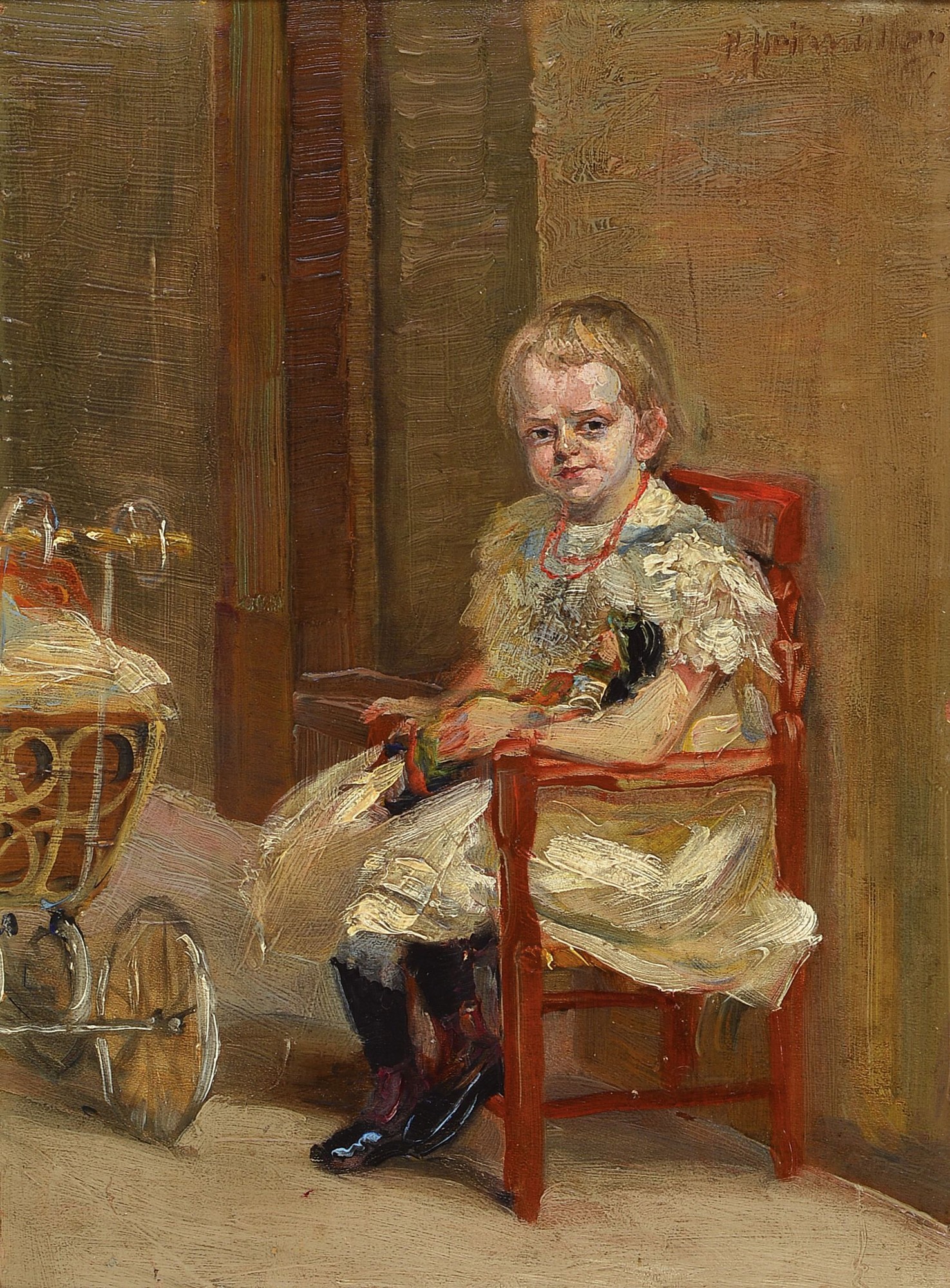 August Heitmüller, 1873 Gümmer-1935 Meran, Sitzendes Kind mit Puppe und Puppenwagen, Öl/ Holz, rechts oben signiert, ca. 40x29cm, R. ca. 60x50cm