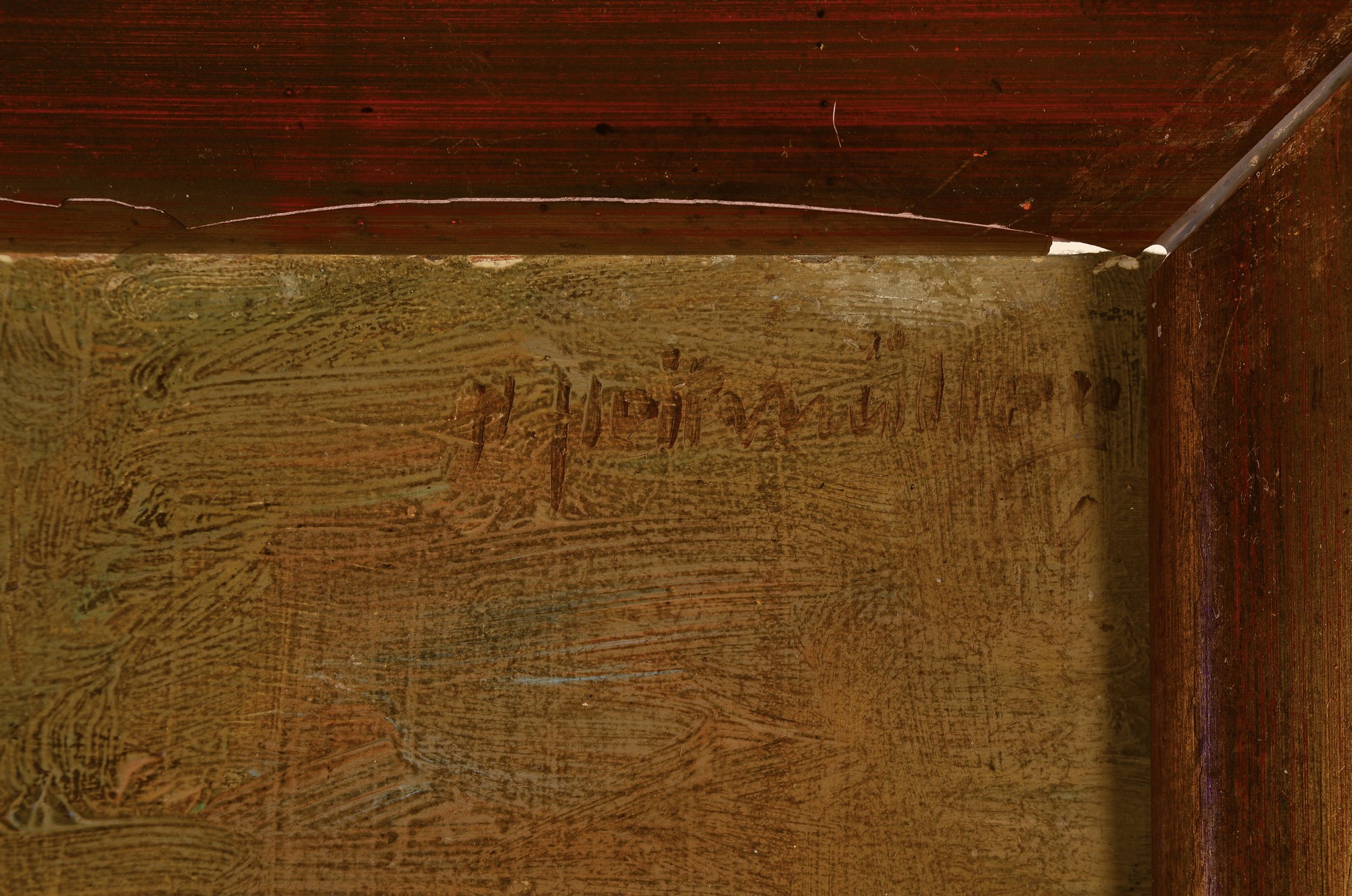 Detail a: August Heitmüller, 1873 Gümmer-1935 Meran, Sitzendes Kind mit Puppe und Puppenwagen, Öl/ Holz, rechts oben signiert, ca. 40x29cm, R. ca. 60x50cm