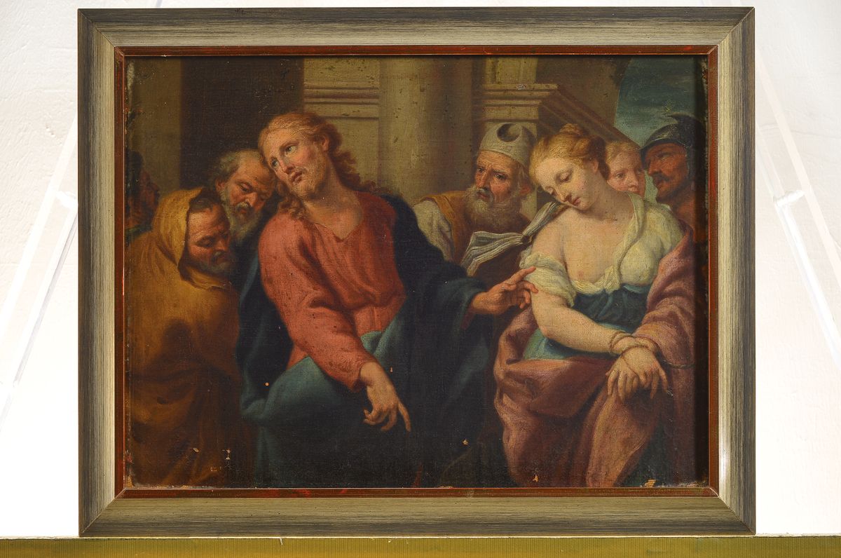 Detail k: Unbekannter Künstler, 2. Hälfte 19. Jh., Kopie nach dem Gemälde Christus u. die Ehebrecherin des venezianischen Malers Antonio Molinari ...