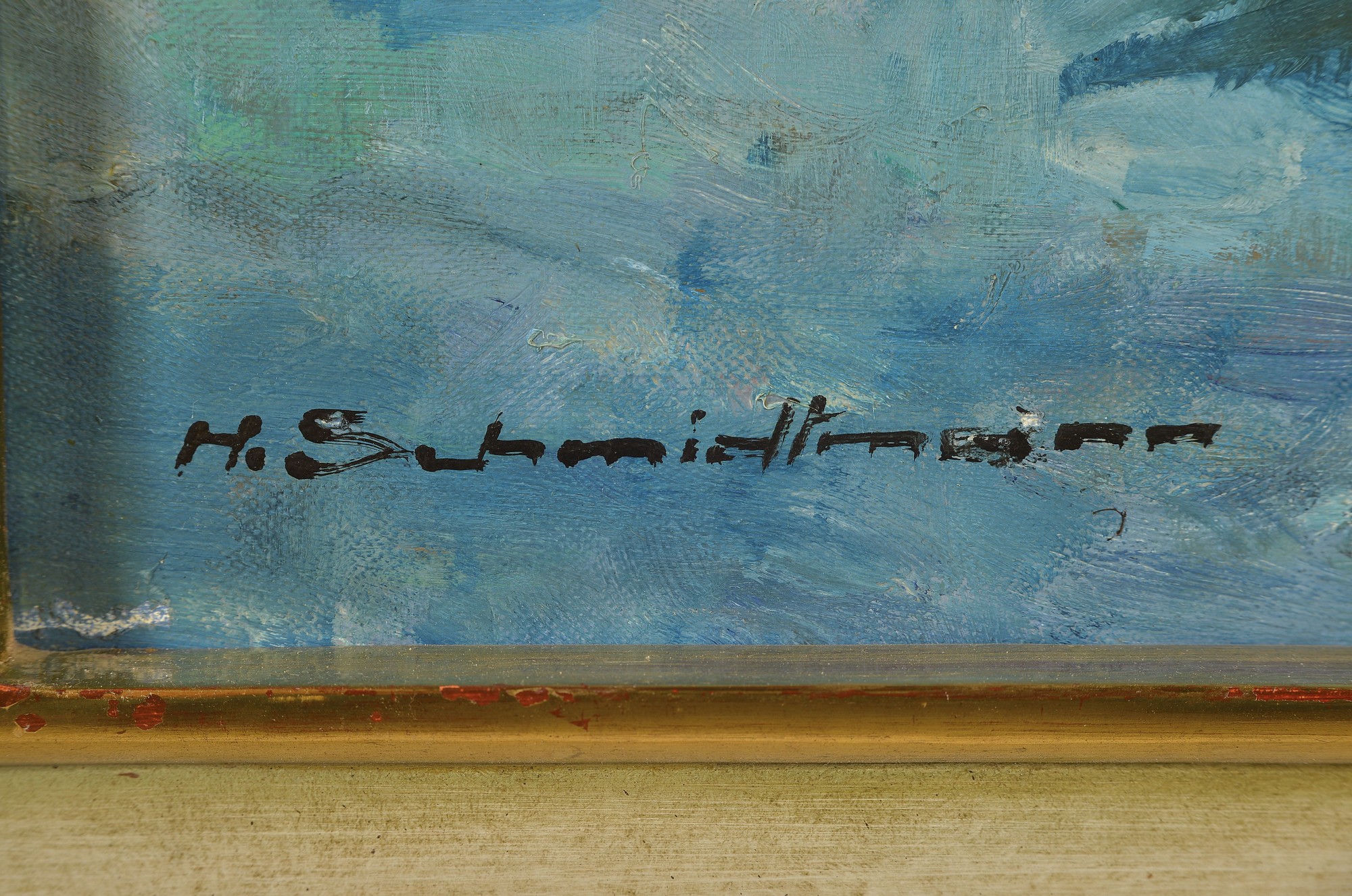 Detail a: Hermann Schmidtmann, 1869 -1936 Wuppertal, ital. Seenlandschaft mit Fischern und Gehöft, typ. Farbspiel des Wassers, warme und kalte Töne, ...