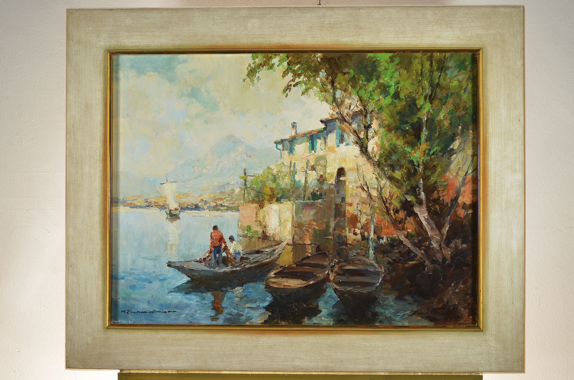 Detail k: Hermann Schmidtmann, 1869 -1936 Wuppertal, ital. Seenlandschaft mit Fischern und Gehöft, typ. Farbspiel des Wassers, warme und kalte Töne, ...