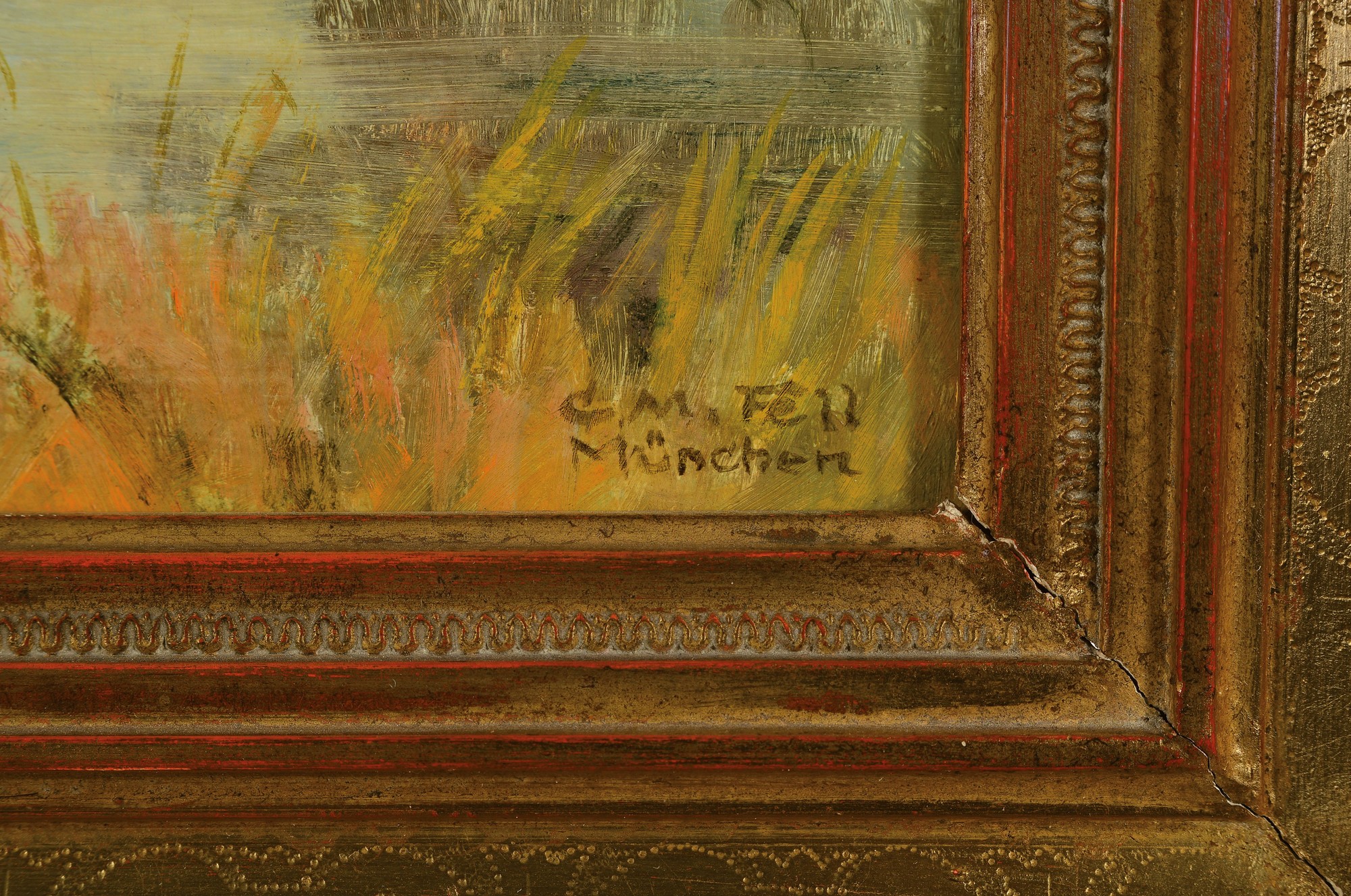Detail a: C.M. Fell, Münchener Schule, 20er Jahre, Seelandschaft mit Bäumen, Öl/Holz, re. u. signiert, ca. 25 x 29 cm, Prunkrahmen, l. Altersspuren