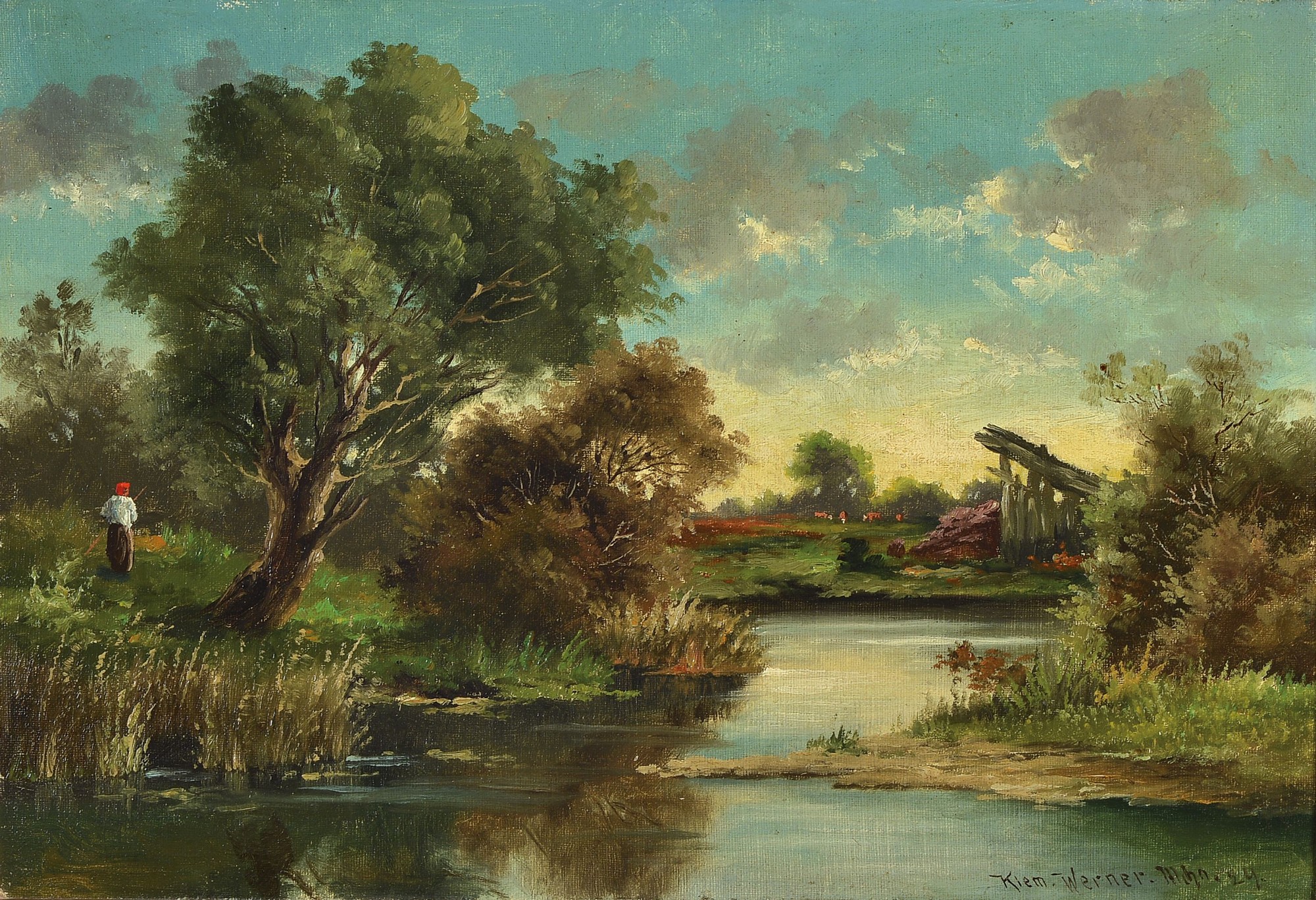 Werner Kiem, München, dat. 24, Flußlandschaft mit Kühen im Hintergrund und einer Person, Öl/Malkarton, re. u. signiert, l. Altersspuren, ca. 28 x ...