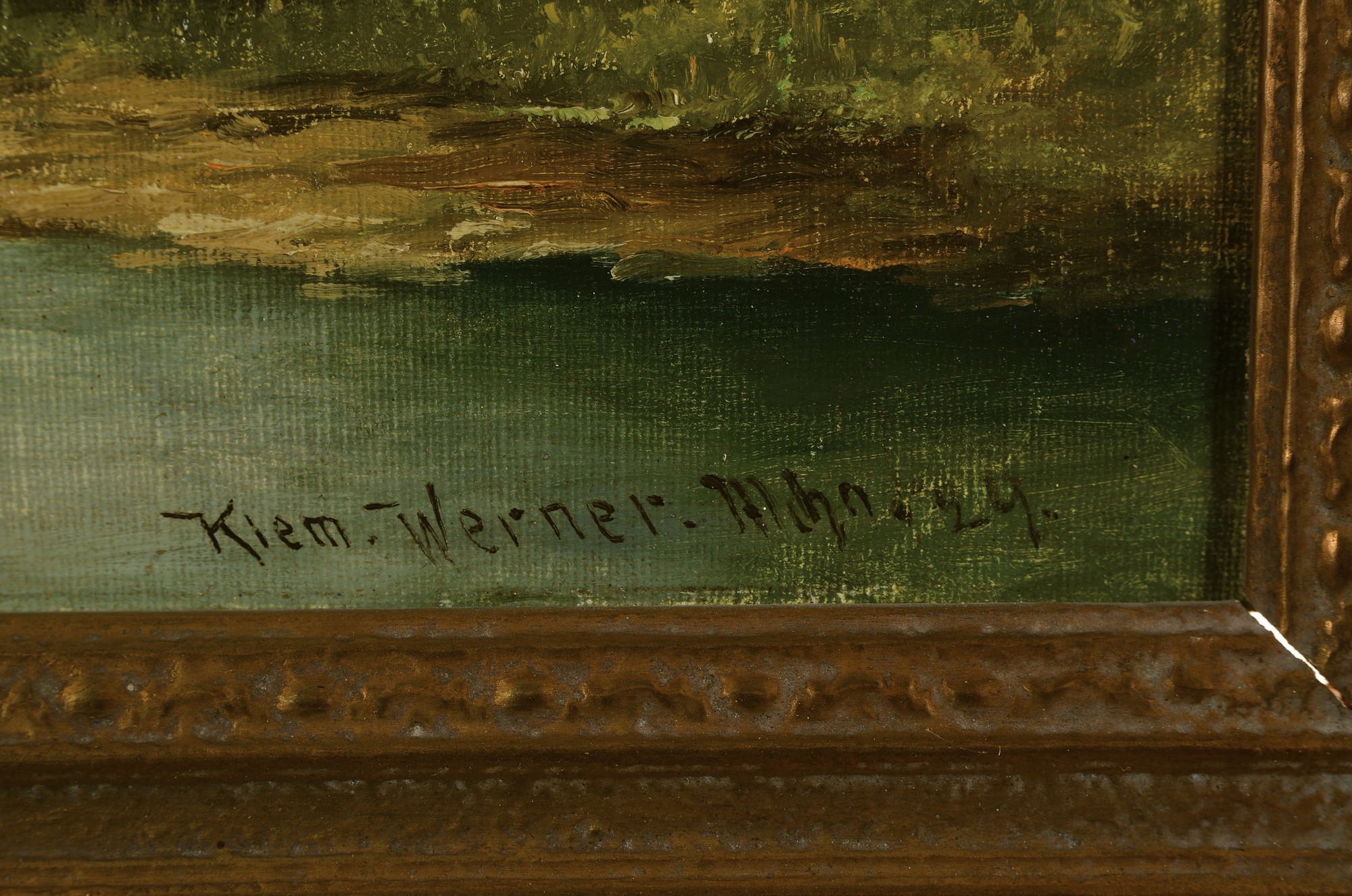 Detail a: Werner Kiem, München, dat. 24, Flußlandschaft mit Kühen im Hintergrund und einer Person, Öl/Malkarton, re. u. signiert, l. Altersspuren, ca. 28 x ...