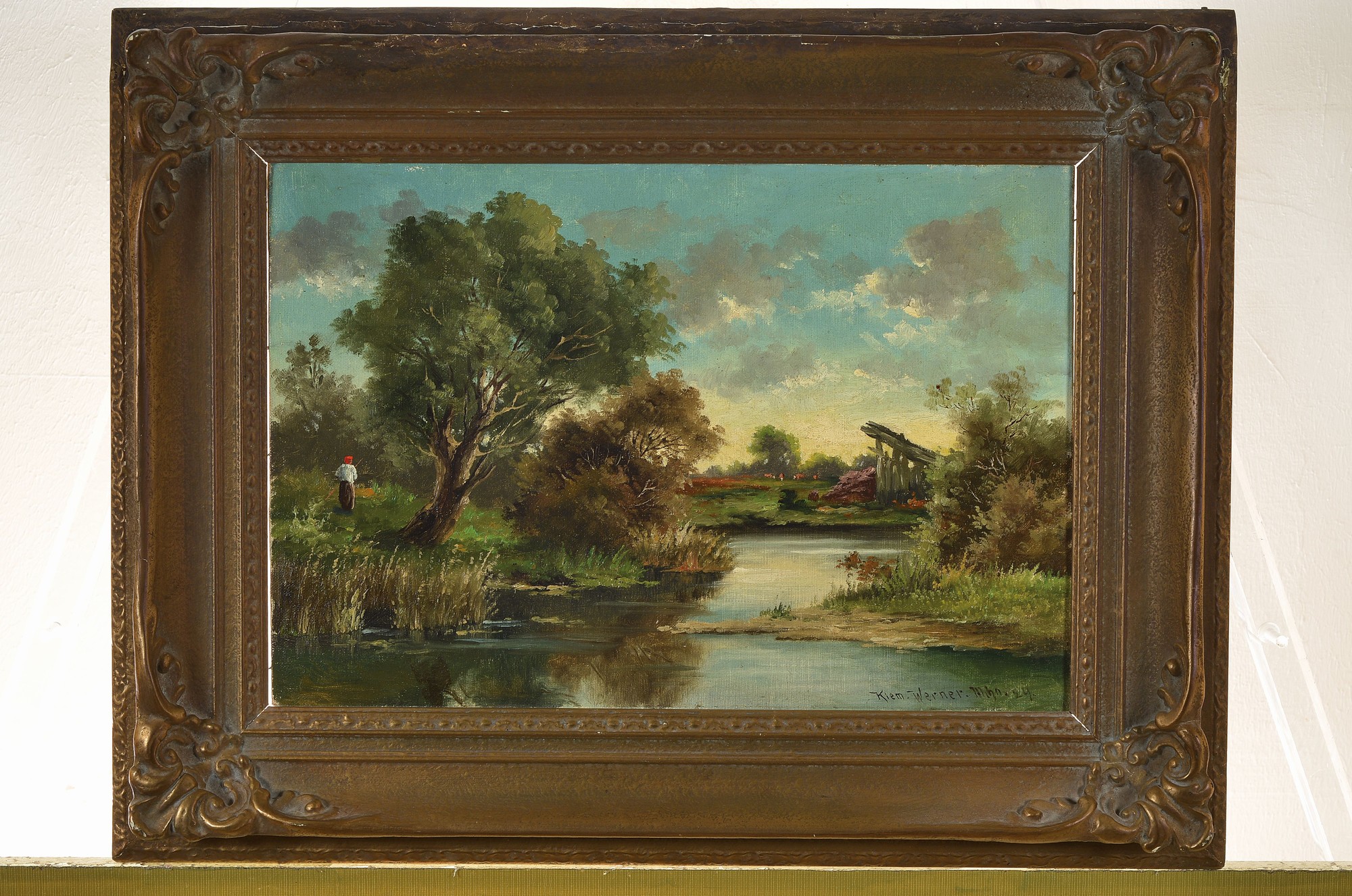 Detail k: Werner Kiem, München, dat. 24, Flußlandschaft mit Kühen im Hintergrund und einer Person, Öl/Malkarton, re. u. signiert, l. Altersspuren, ca. 28 x ...