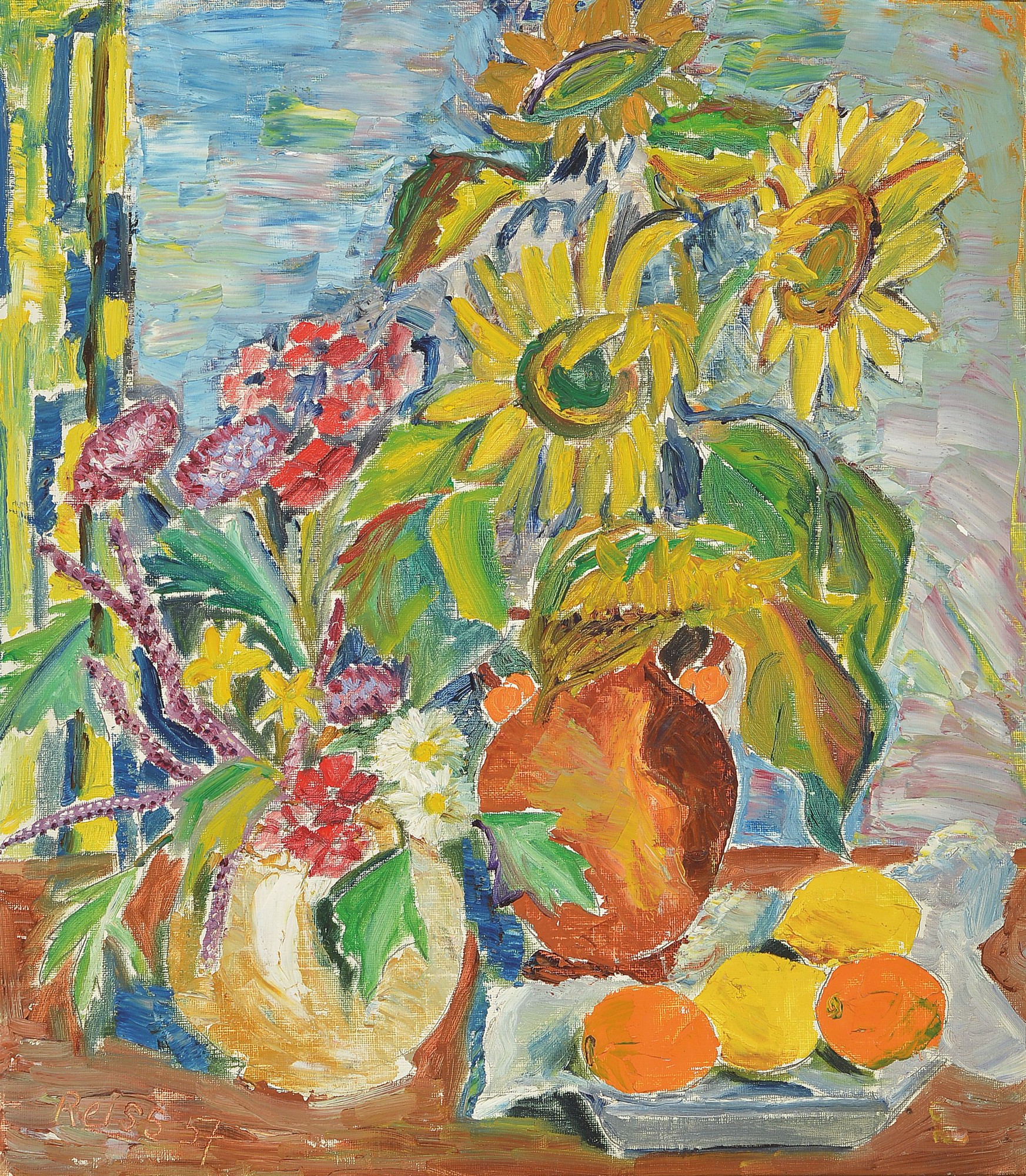 Heinz Reiss, 1923-2008 Haßloch, Schüler von Philipp Steinmetz, Mitglied der Künstlergruppe worbs, Stillleben mit Sonnenblumen, Blumen, Zitronen ...