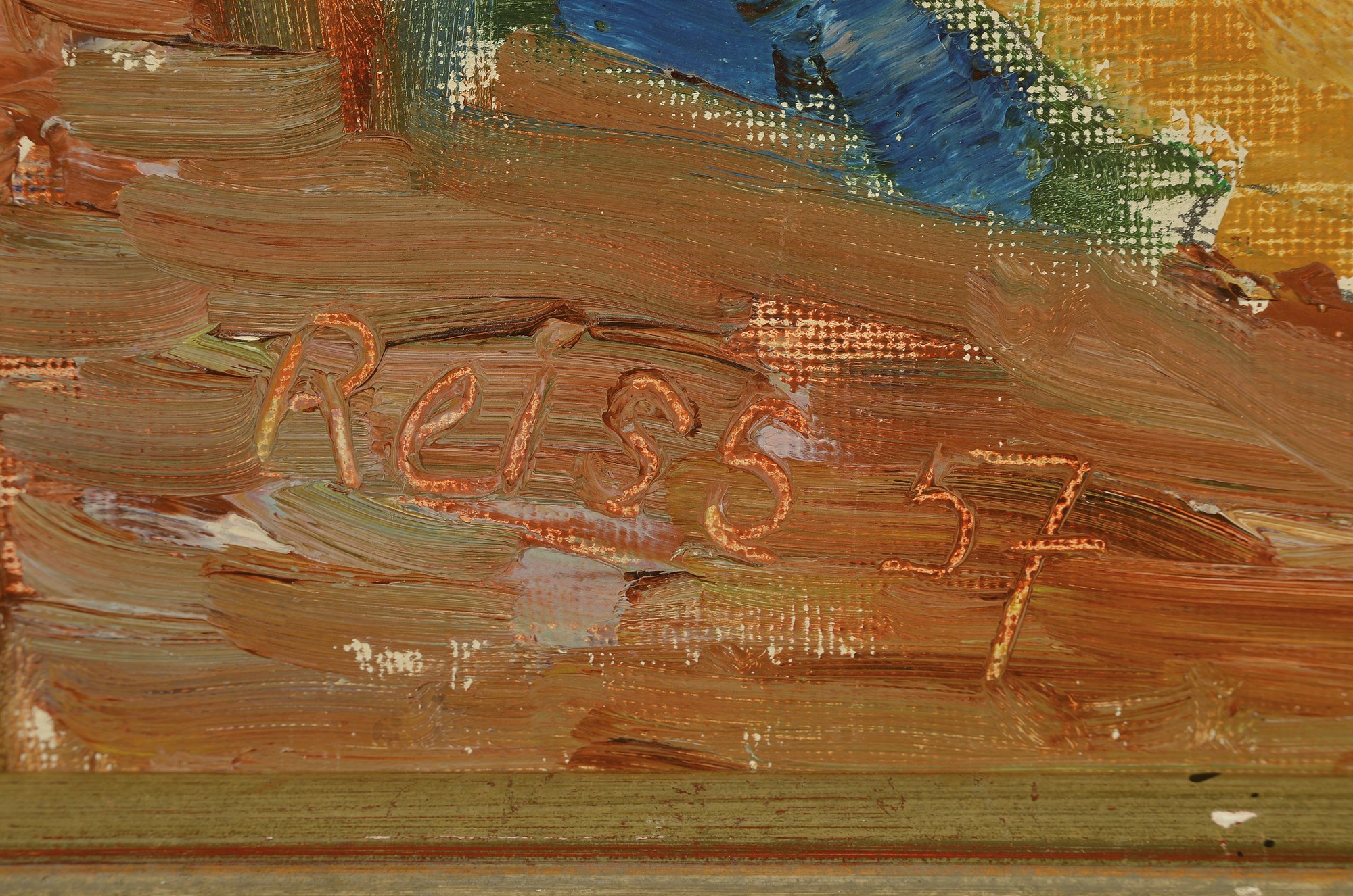 Detail a: Heinz Reiss, 1923-2008 Haßloch, Schüler von Philipp Steinmetz, Mitglied der Künstlergruppe worbs, Stillleben mit Sonnenblumen, Blumen, Zitronen ...