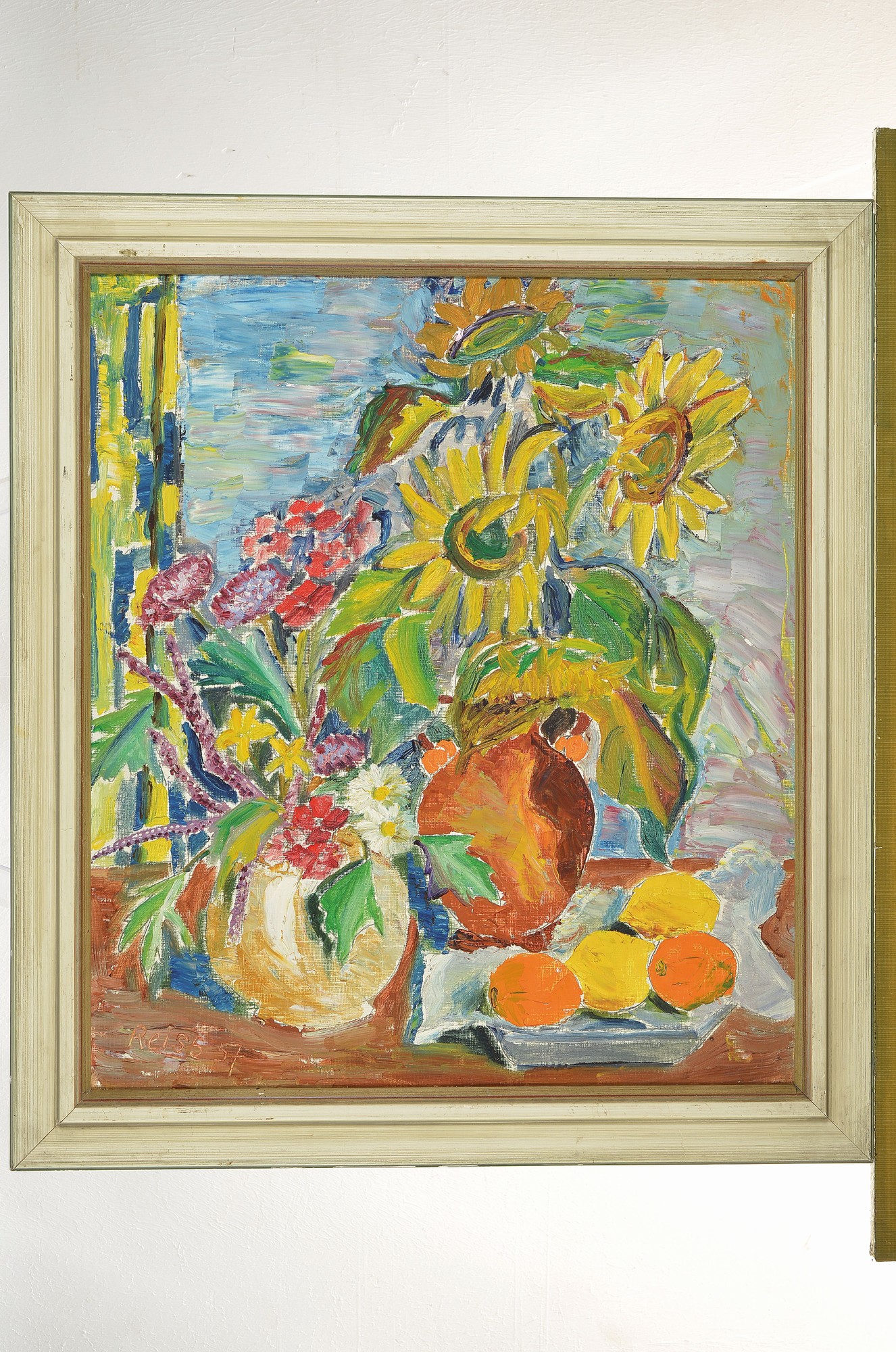 Detail k: Heinz Reiss, 1923-2008 Haßloch, Schüler von Philipp Steinmetz, Mitglied der Künstlergruppe worbs, Stillleben mit Sonnenblumen, Blumen, Zitronen ...