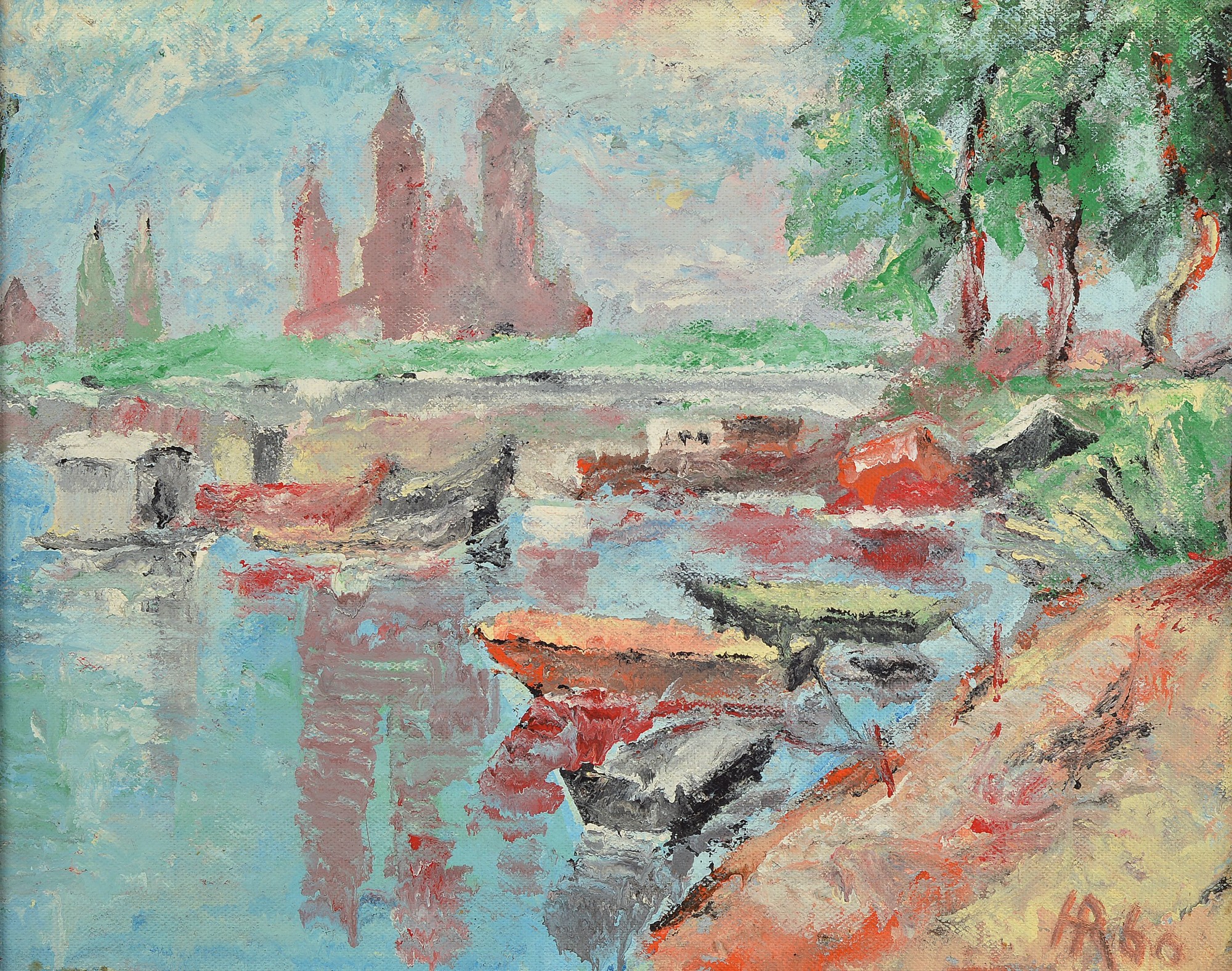 Heinz Reiss, geb. 1923 Haßloch, Schüler von Philipp Steinmetz, Mitglied der Künstlergruppe worbs, Blick über den Rhein auf den Dom zu Speyer, ...