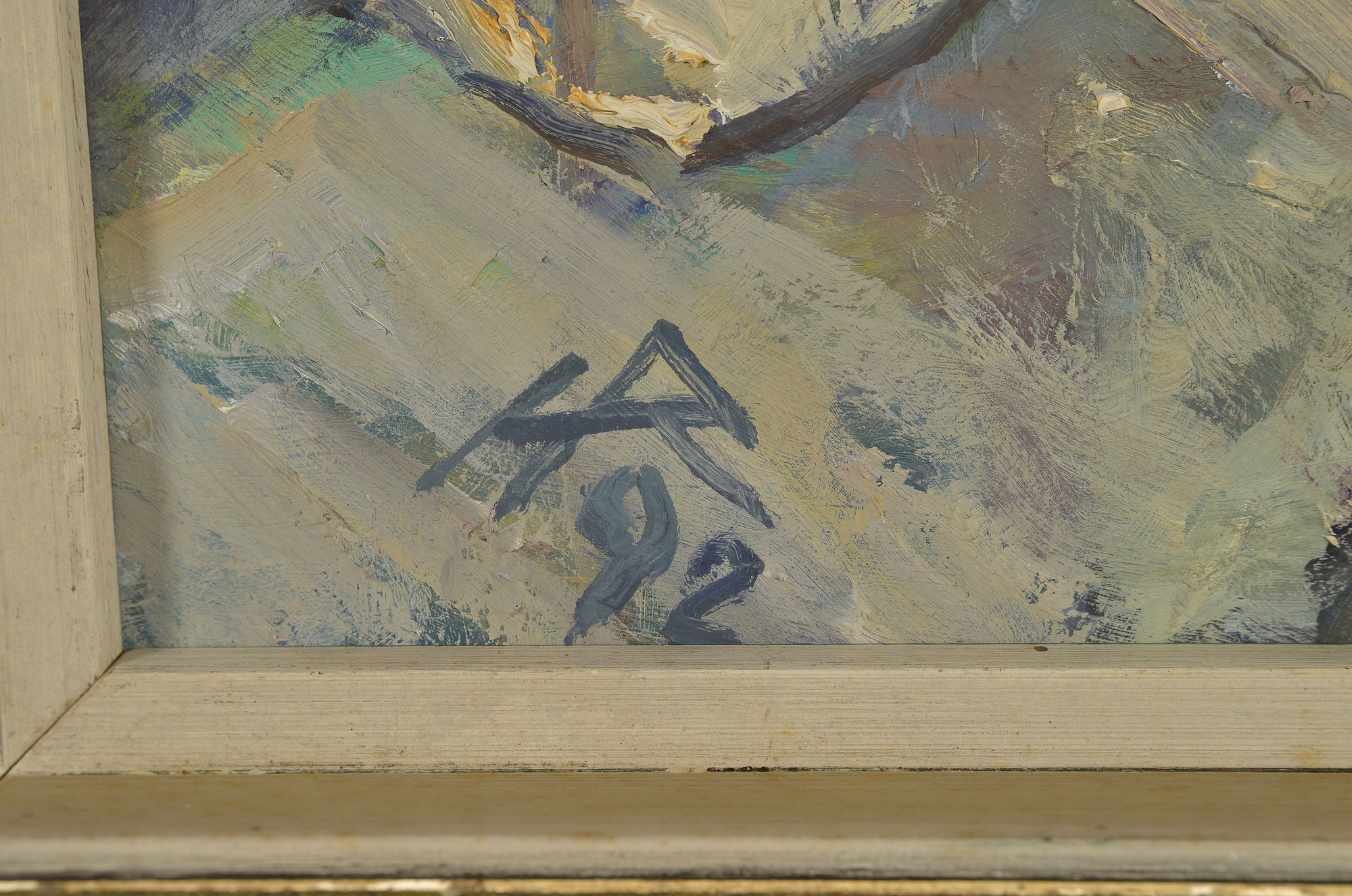 Detail a: Heinz Reiss, geb. 1923 Haßloch, Schüler von Philipp Steinmetz, Mitglied der Künstlergruppe worbs, Stillleben mit Steinzeugtopf und Quitten, ...