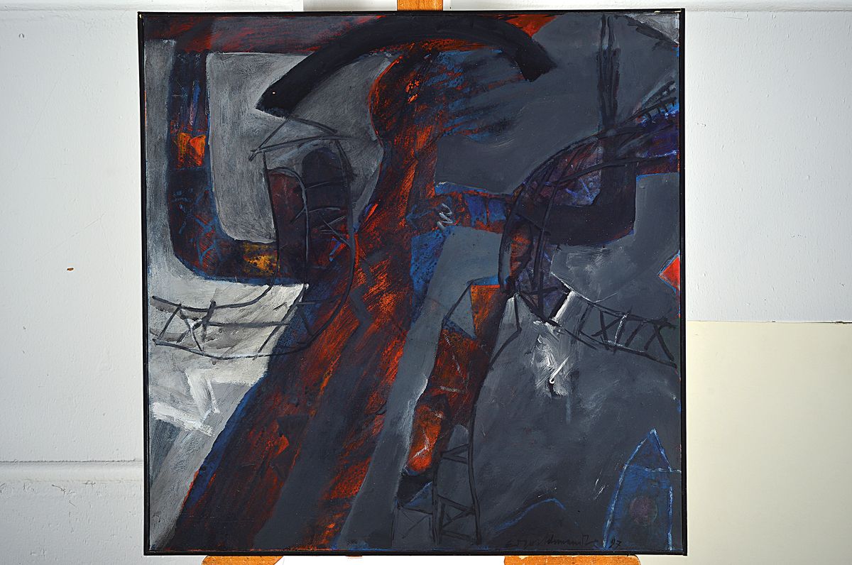 Detail k: Edgar Schmandt, 1929 Berlin-2019 Mannheim, Schema 2, rückseitig so betitelt, Öl/Lwd, signiert und dat. 97, ca. 60x60cm