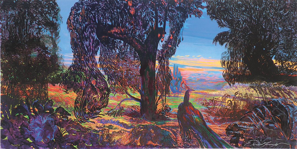 Ernst Fuchs, 1930 Wien-2015, Il Pavone, Farbserigraphie auf Lwd, auf Hartfaserplatte aufgezogen, handsigniert, num.50/99, ca. 80 x 140cm, seitlich ...