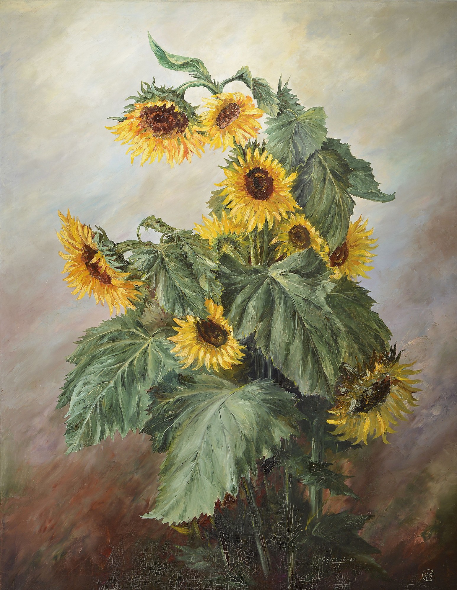 Hans Henschke, 1889 Guben-1969, großes Stillleben mit Sonnenblumen, Öl/Lwd, signiert und dat. 57, zusätzlich monogr., im unteren Teil krakeliert, ...