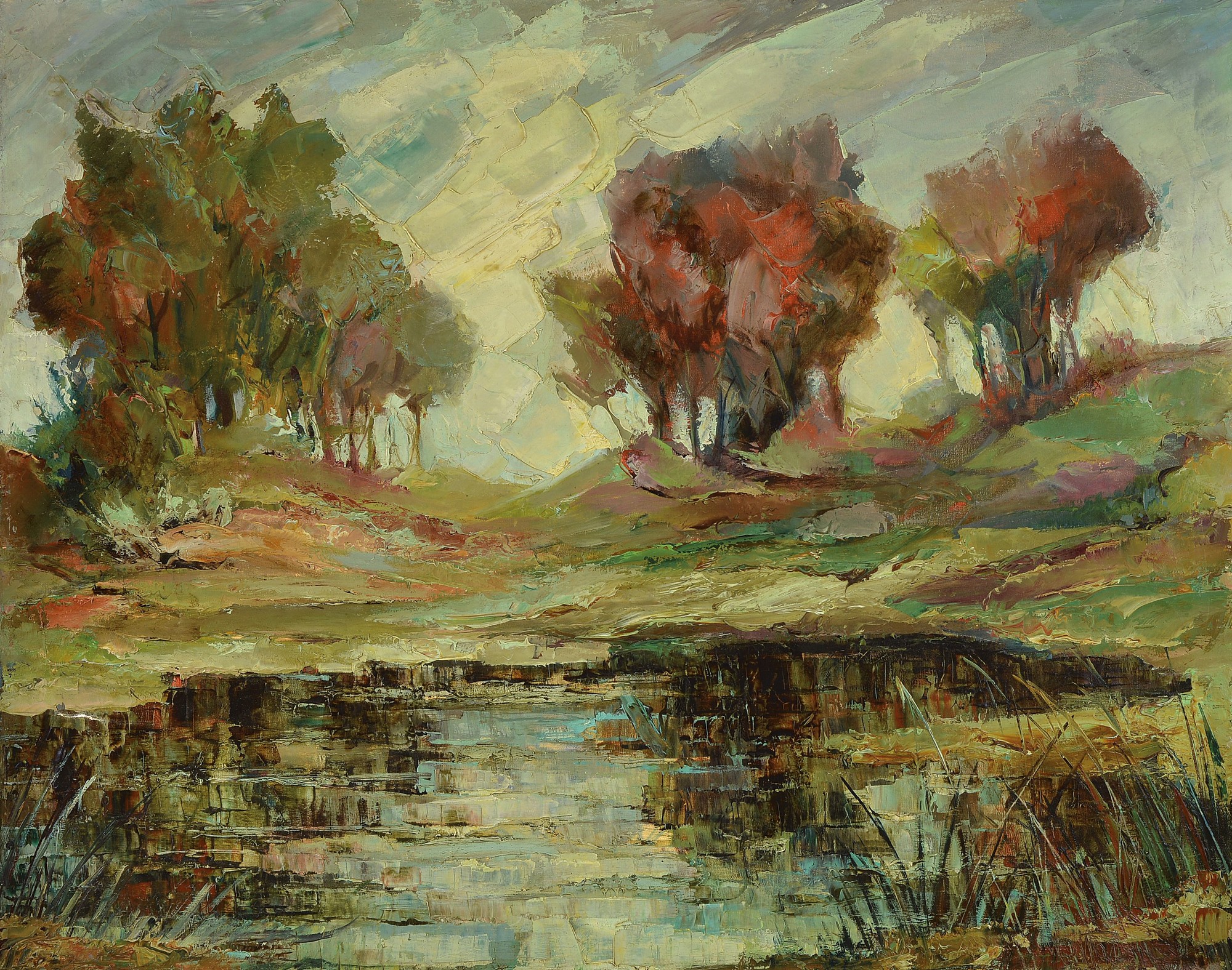 Karl Philipp Spitzer, 1887-1954 Speyer, Herbstliche Landschaft mit Weiher, Öl/Lwd, teils Spachtelarbeit, breiter expressiver Pinselduktus, rechts ...
